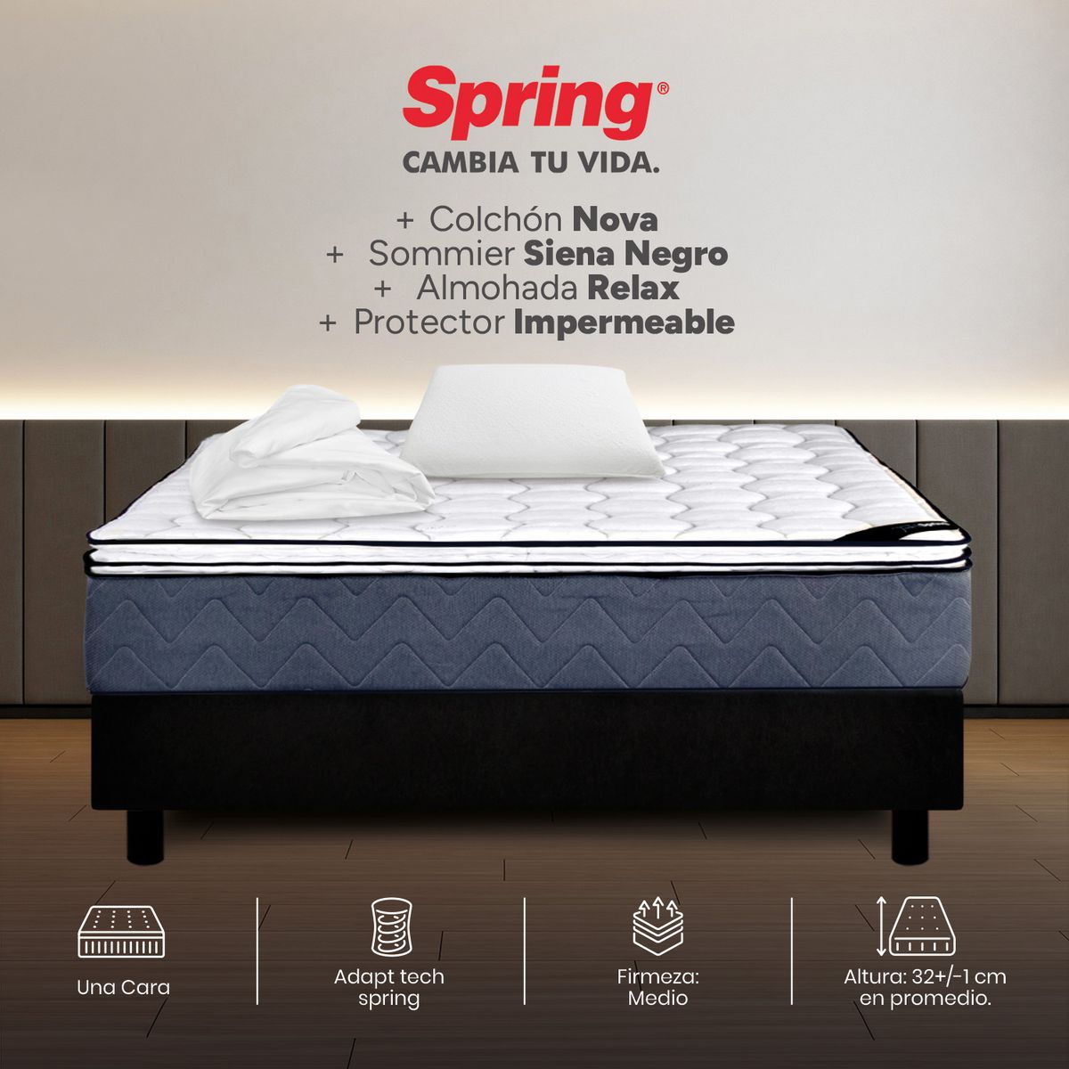 COLCHONES SPRING - Colchón Spring Sencillo Con Base Cama Firmeza Media Ortopédico Resortado Nova 100 x 190 cm + Almohada + Protector