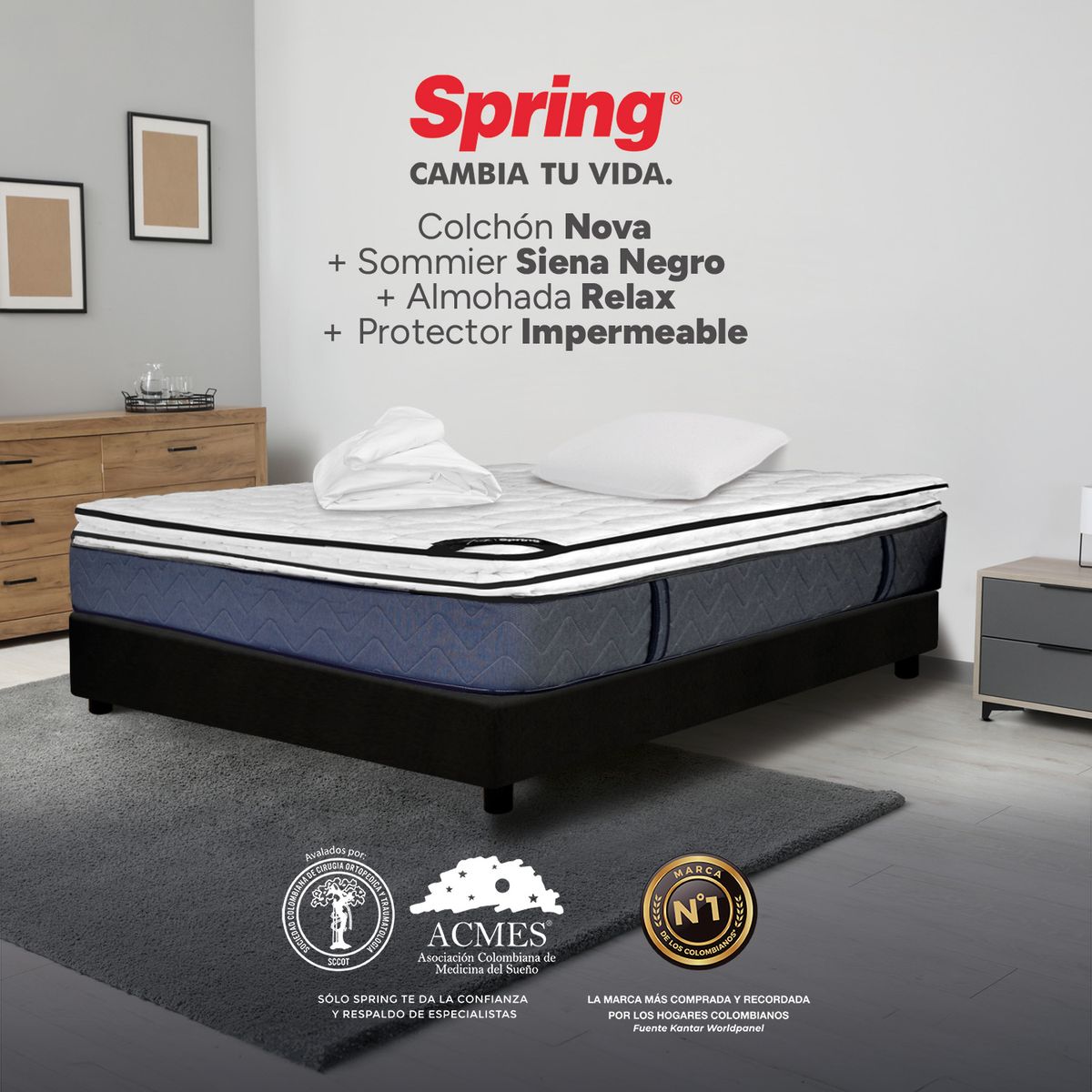 COLCHONES SPRING - Colchón Spring Sencillo Con Base Cama Firmeza Media Ortopédico Resortado Nova 100 x 190 cm + Almohada + Protector