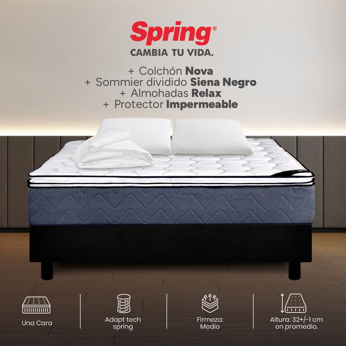 COLCHONES SPRING - Colchón Spring Queen Con Base Cama Firmeza Media Ortopédico Resortado Nova 160 x 190 cm + 2 Almohadas + Protector