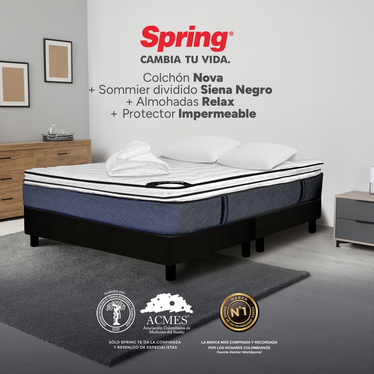 COLCHONES SPRING - Colchón Spring Queen Con Base Cama Firmeza Media Ortopédico Resortado Nova 160 x 190 cm + 2 Almohadas + Protector