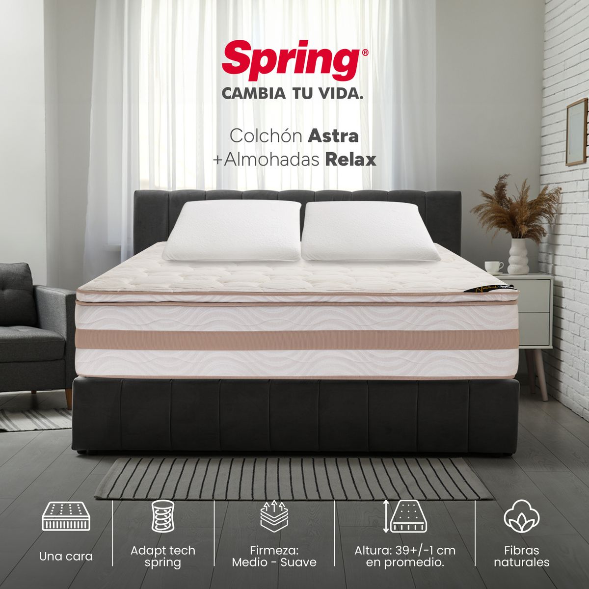 COLCHONES SPRING - Colchón Spring Queen Firmeza Media Ortopédico Resortado Astra 160 x 190 cm + 2 Almohadas