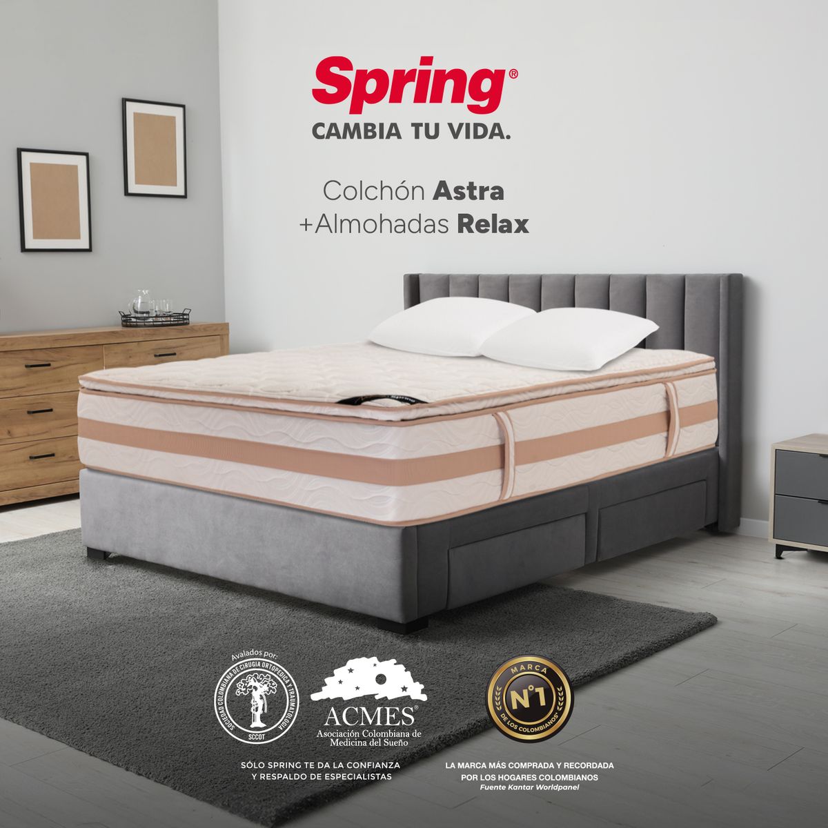 COLCHONES SPRING - Colchón Spring Queen Firmeza Media Ortopédico Resortado Astra 160 x 190 cm + 2 Almohadas