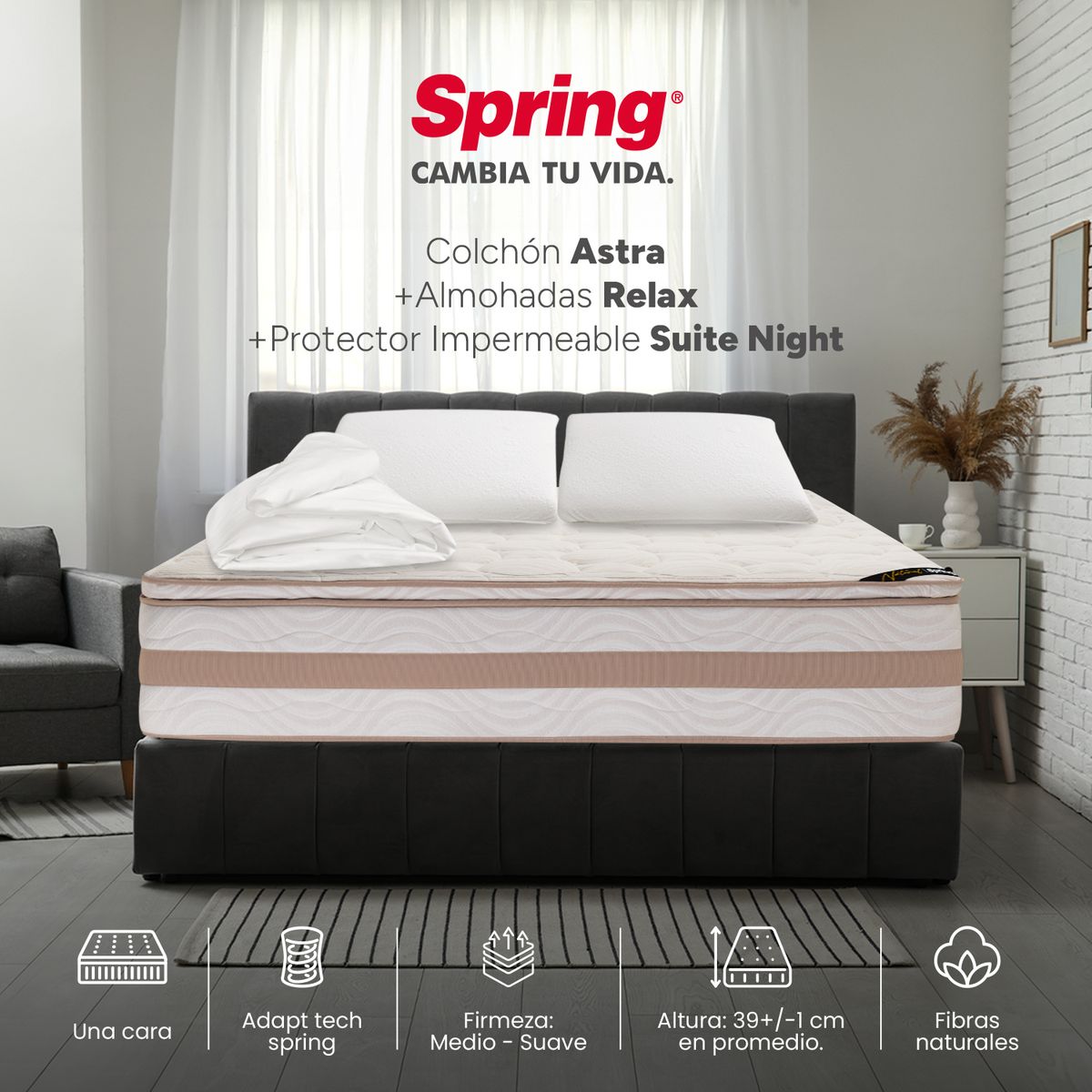 COLCHONES SPRING - Colchón Spring Doble Firmeza Media Ortopédico Resortado Astra 140 x 190 cm + 2 Almohadas + Protector