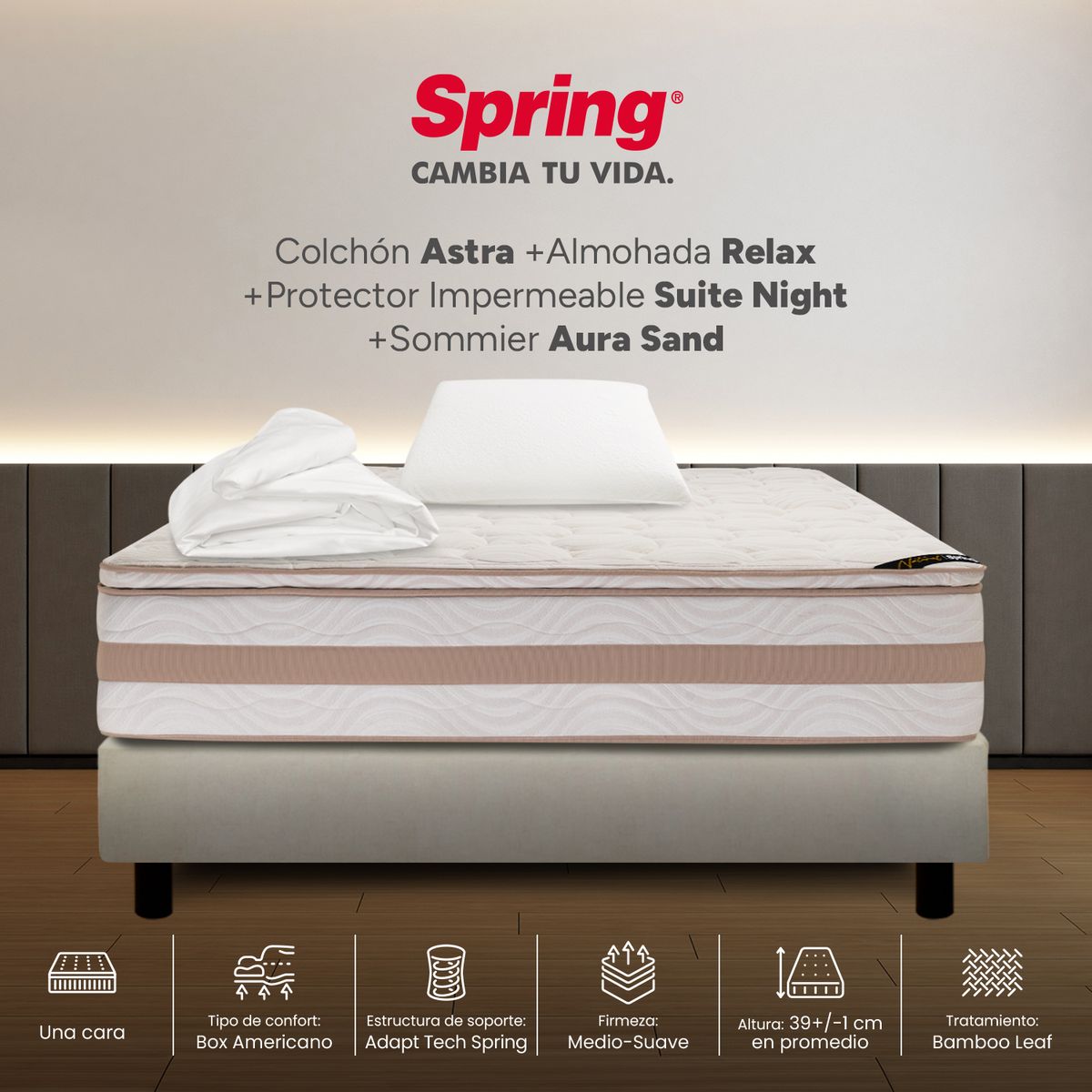 COLCHONES SPRING - Colchón Spring Sencillo Con Base Cama Firmeza Media Ortopédico Resortado Astra 100 x 190 cm + Almohada + Protector