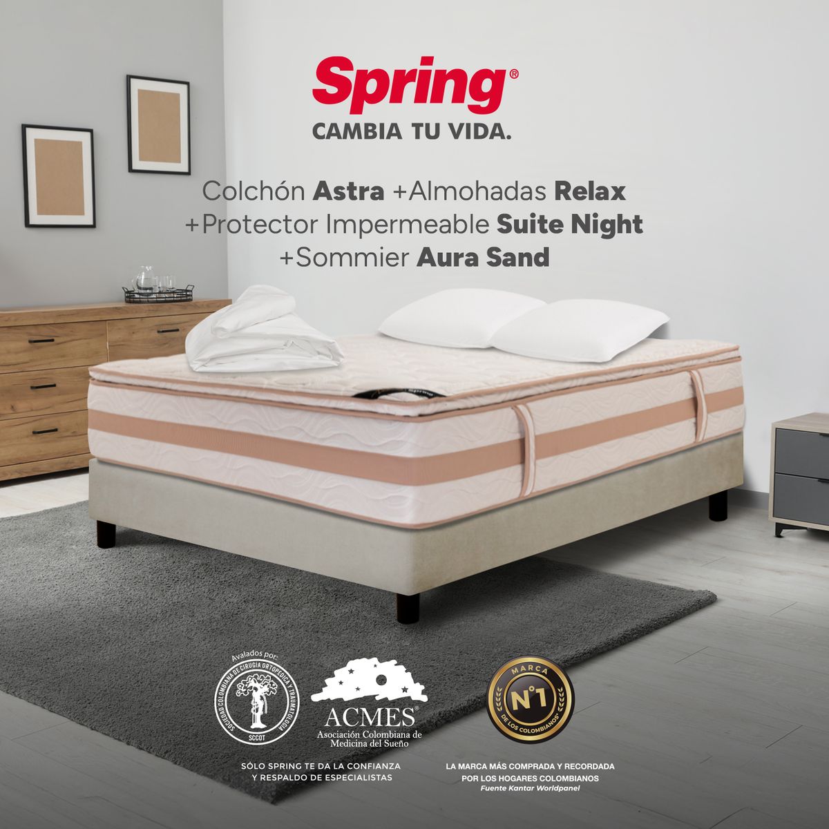 COLCHONES SPRING - Colchón Spring Doble Con Base Cama Firmeza Media Ortopédico Resortado Astra 140 x 190 cm + 2 Almohadas + Protector