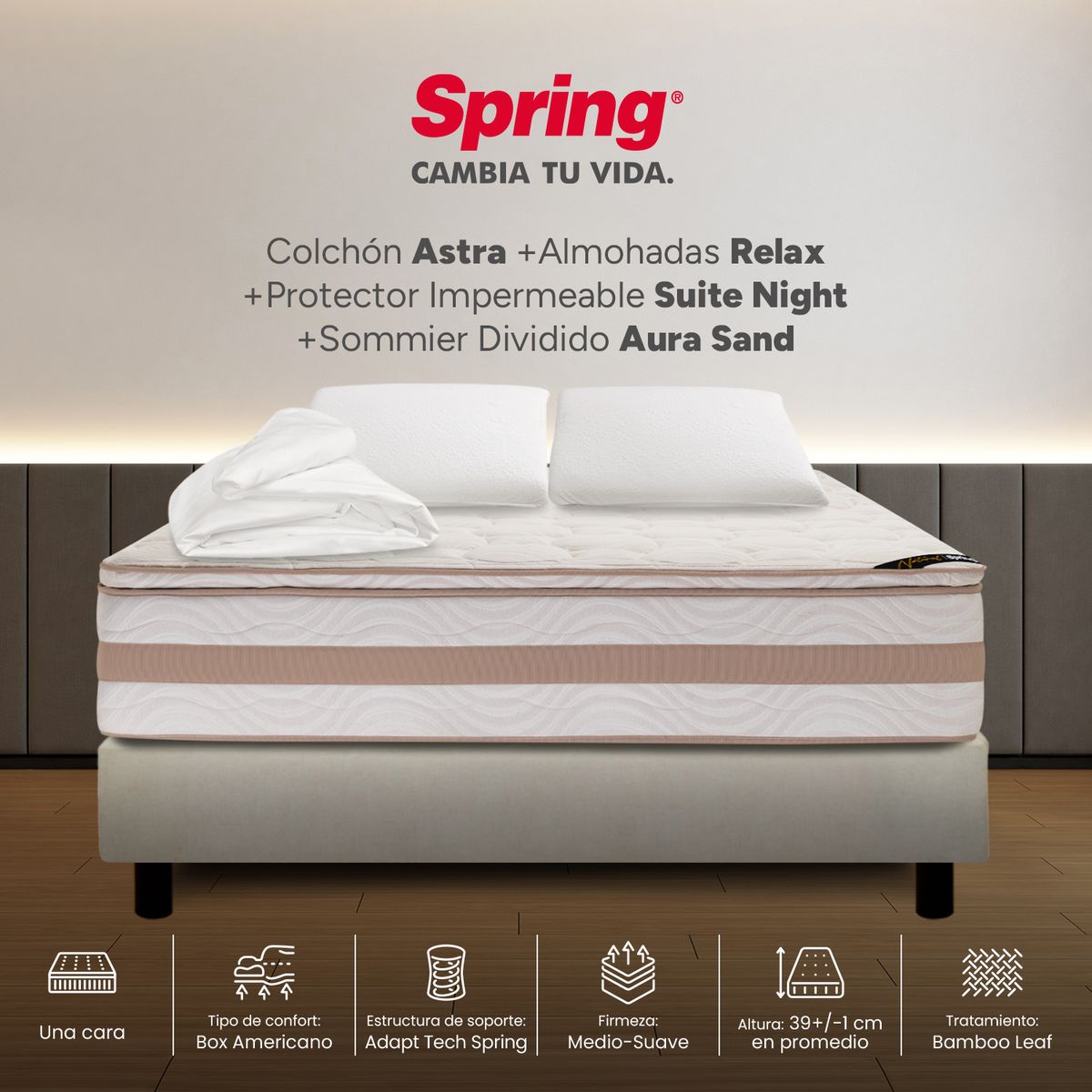 COLCHONES SPRING - Colchón Spring Queen Con Base Cama Firmeza Media Ortopédico Resortado Astra 160 x 190 cm + 2 Almohadas + Protector