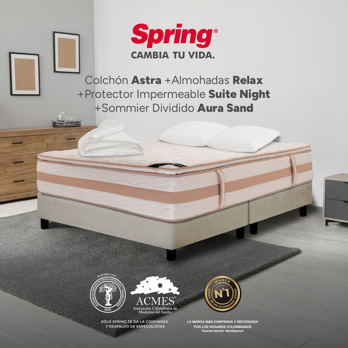 COLCHONES SPRING - Colchón Spring Queen Con Base Cama Firmeza Media Ortopédico Resortado Astra 160 x 190 cm + 2 Almohadas + Protector