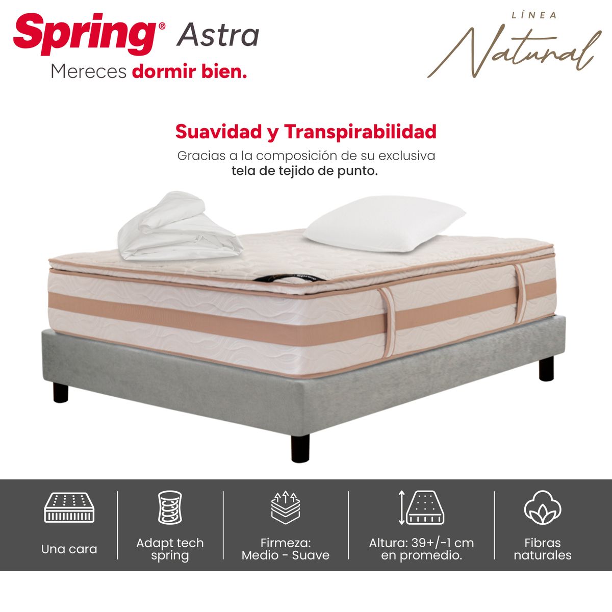 COLCHONES SPRING - Colchón Spring Sencillo Con Base Cama Firmeza Media Ortopédico Resortado Astra 100 x 190 cm + Almohada + Protector