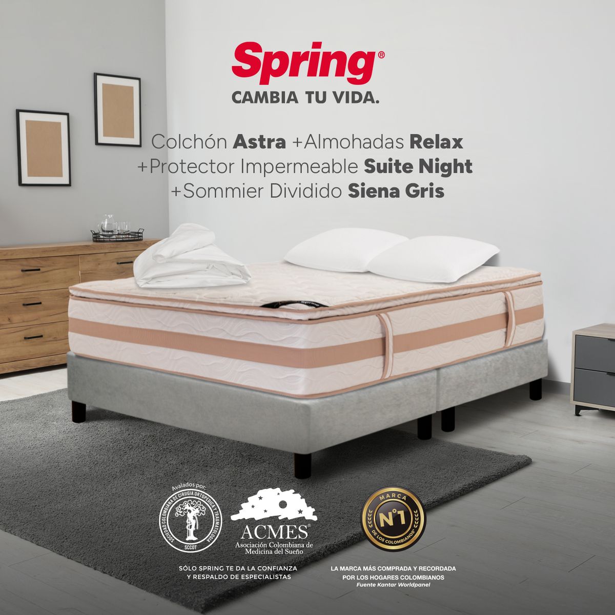 COLCHONES SPRING - Colchón Spring Doble Con Base Cama Firmeza Media Ortopédico Resortado Astra 140 x 190 cm + 2 Almohadas + Protector