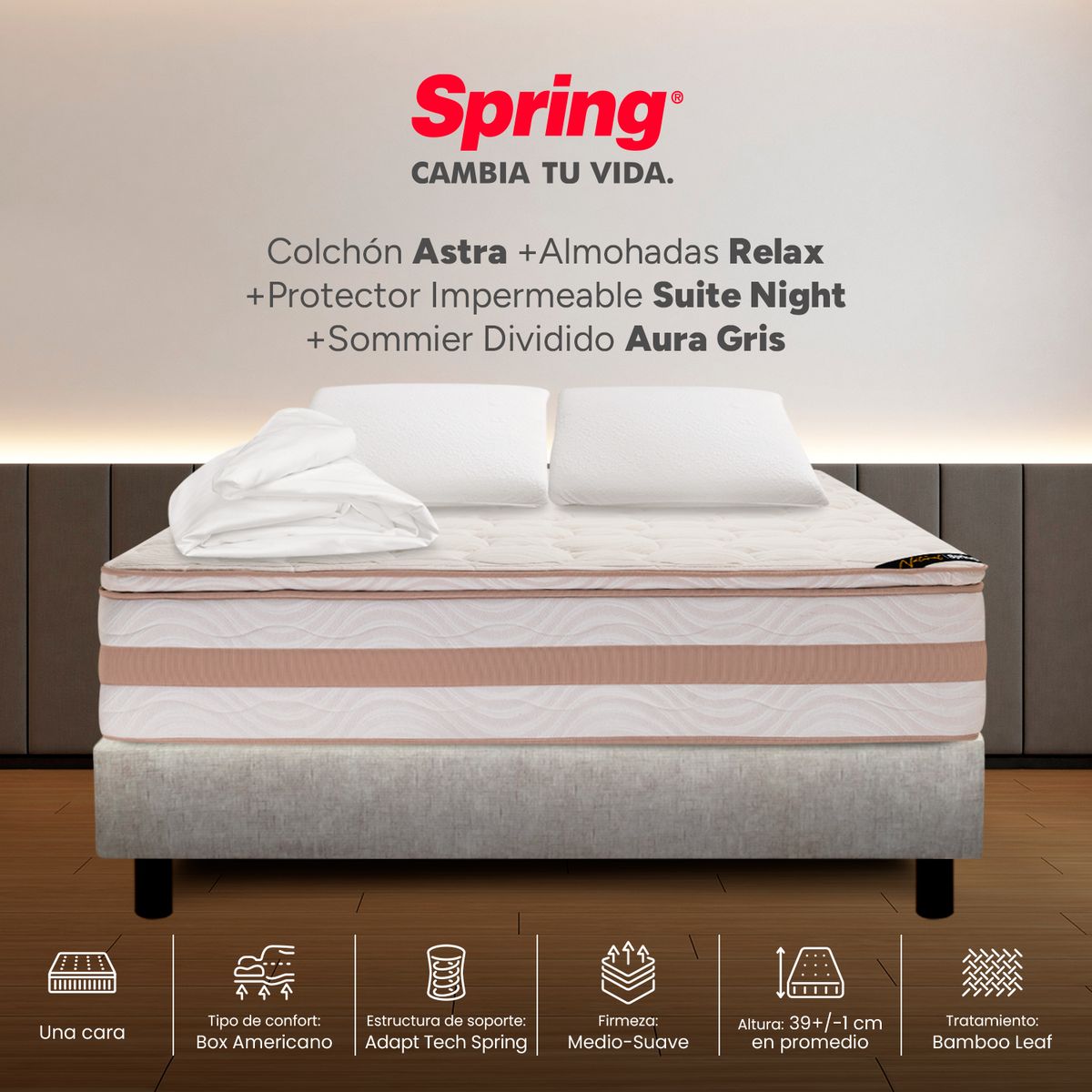 COLCHONES SPRING - Colchón Spring King Con Base Cama Firmeza Media Ortopédico Resortado Astra 200 x 200 cm + 2 Almohadas + Protector