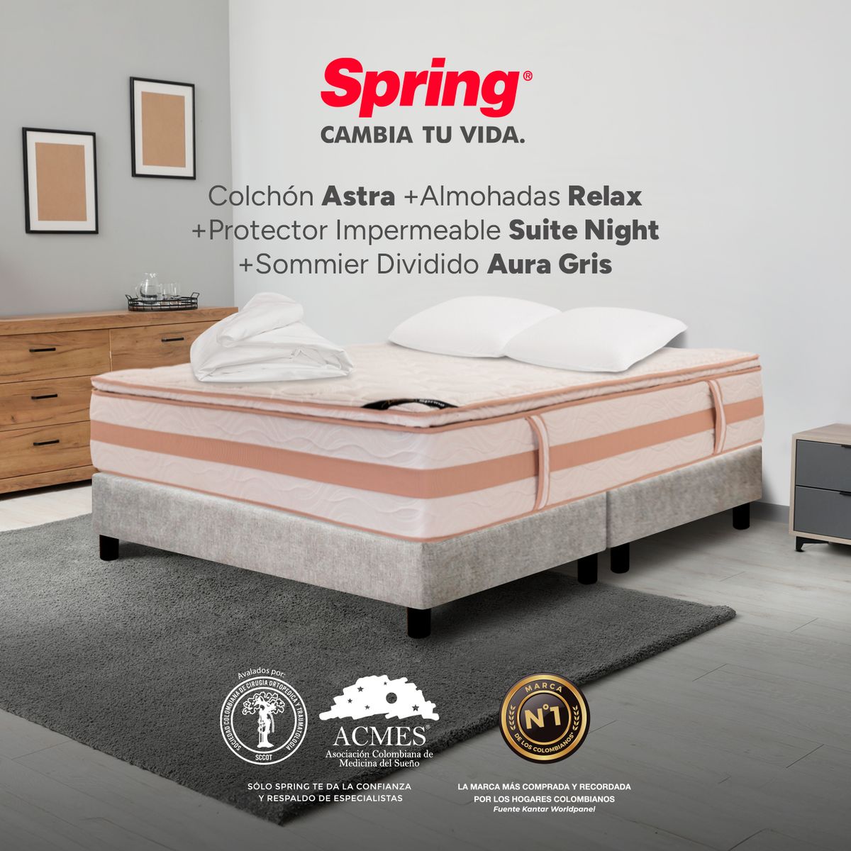 COLCHONES SPRING - Colchón Spring King Con Base Cama Firmeza Media Ortopédico Resortado Astra 200 x 200 cm + 2 Almohadas + Protector