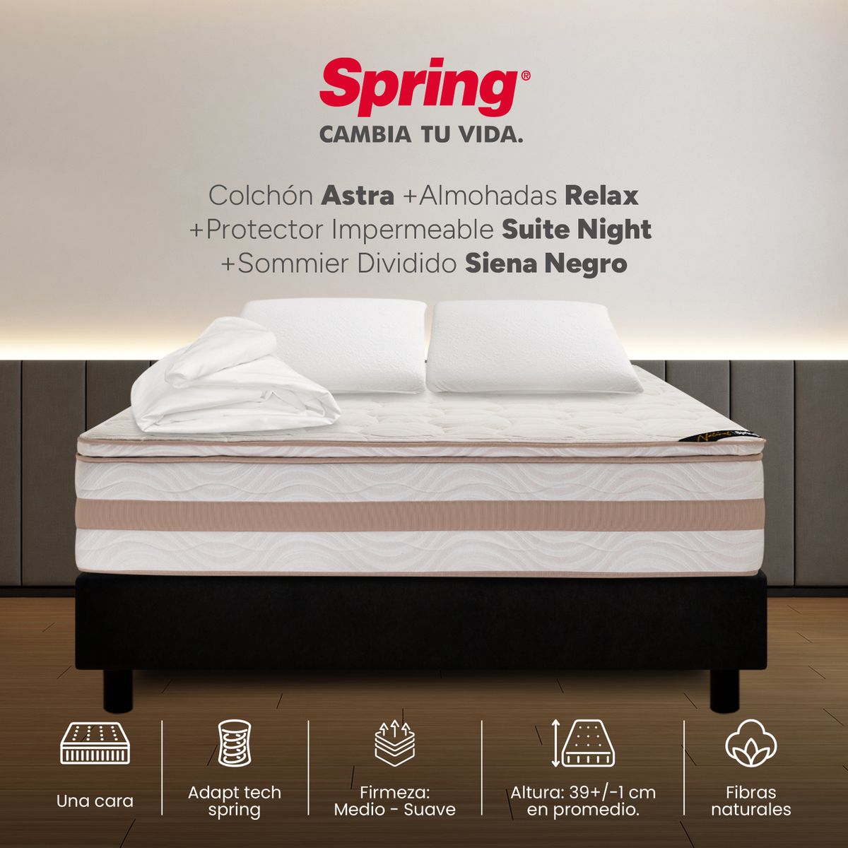 COLCHONES SPRING - Colchón Spring Queen Con Base Cama Firmeza Media Ortopédico Resortado Astra 160 x 190 cm + 2 Almohadas + Protector