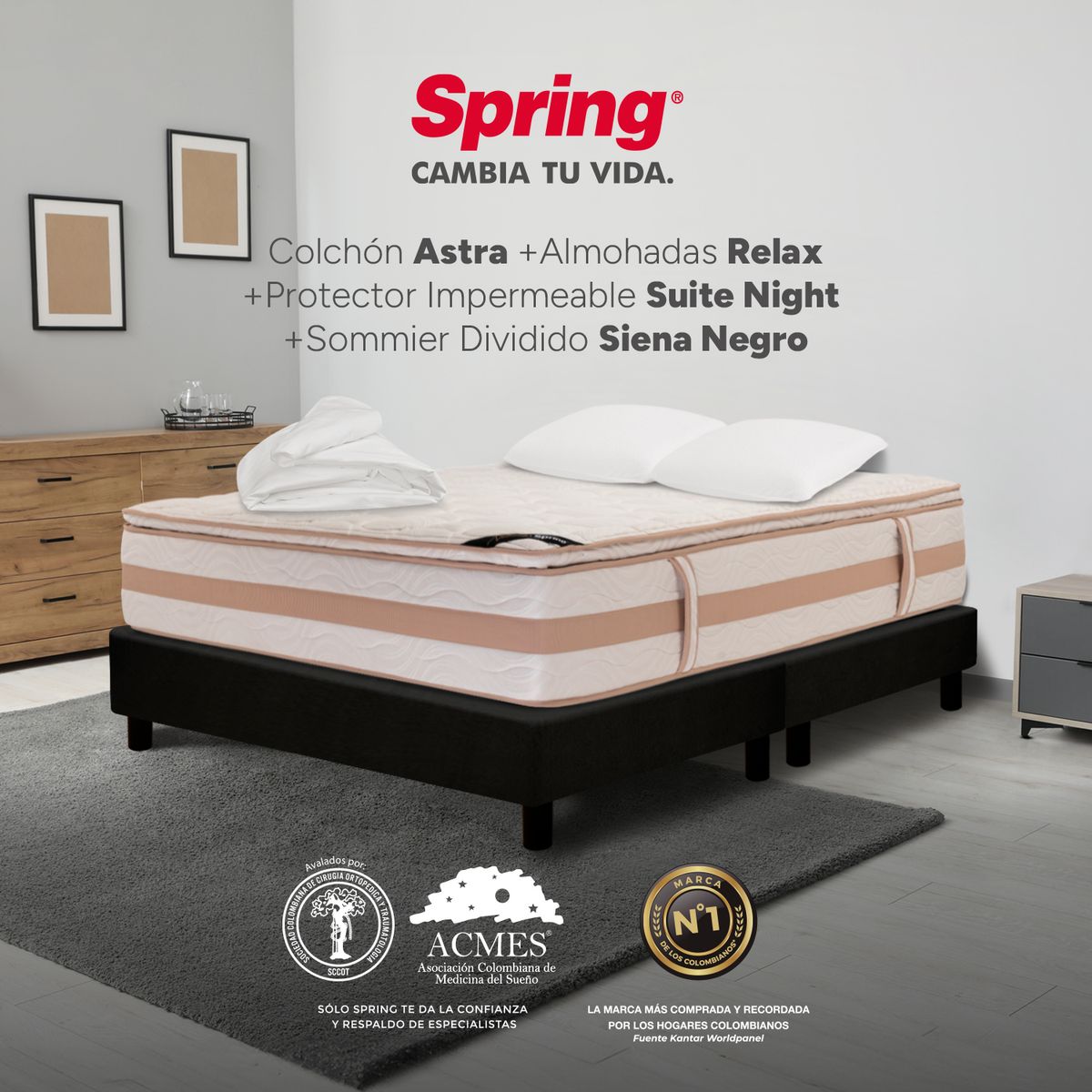 COLCHONES SPRING - Colchón Spring Queen Con Base Cama Firmeza Media Ortopédico Resortado Astra 160 x 190 cm + 2 Almohadas + Protector