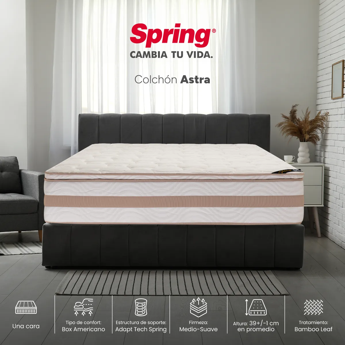 COLCHONES SPRING - Colchón Spring Queen Firmeza Media Ortopédico Resortado Astra 160 x 190 cm