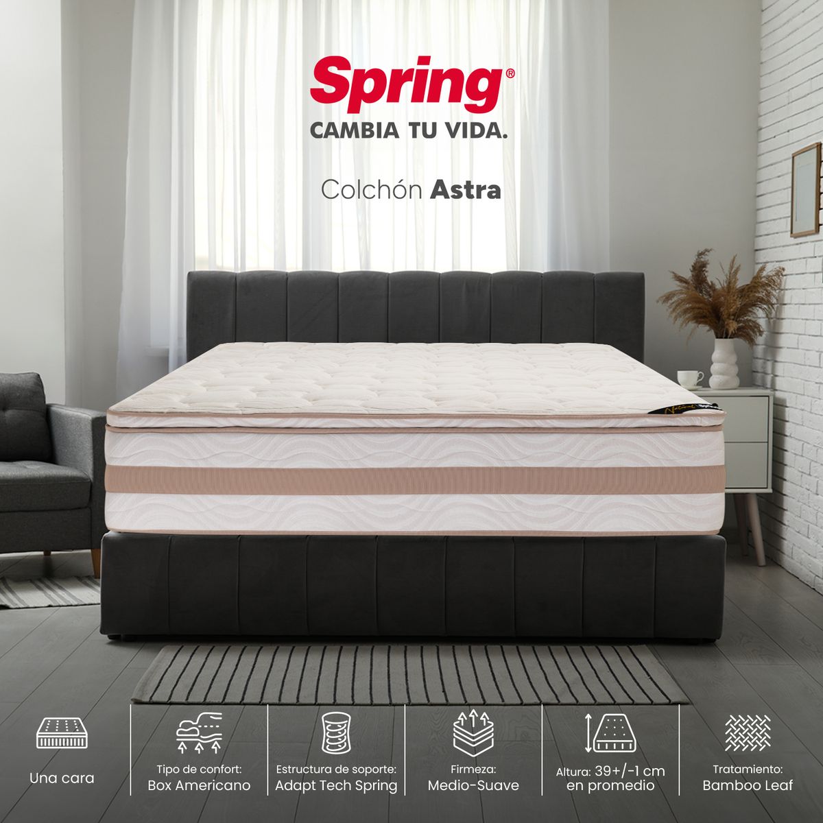 COLCHONES SPRING - Colchón Spring Queen Firmeza Media Ortopédico Resortado Astra 160 x 190 cm