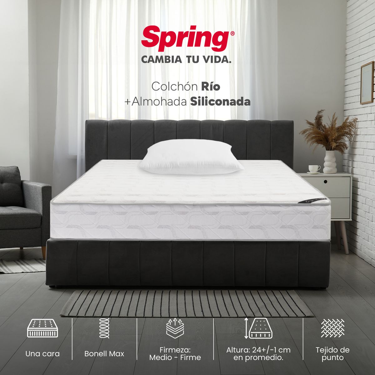 COLCHONES SPRING - Colchón Spring Semidoble Firmeza Media Ortopédico Resortado Rio 120 x 190 cm + Almohada