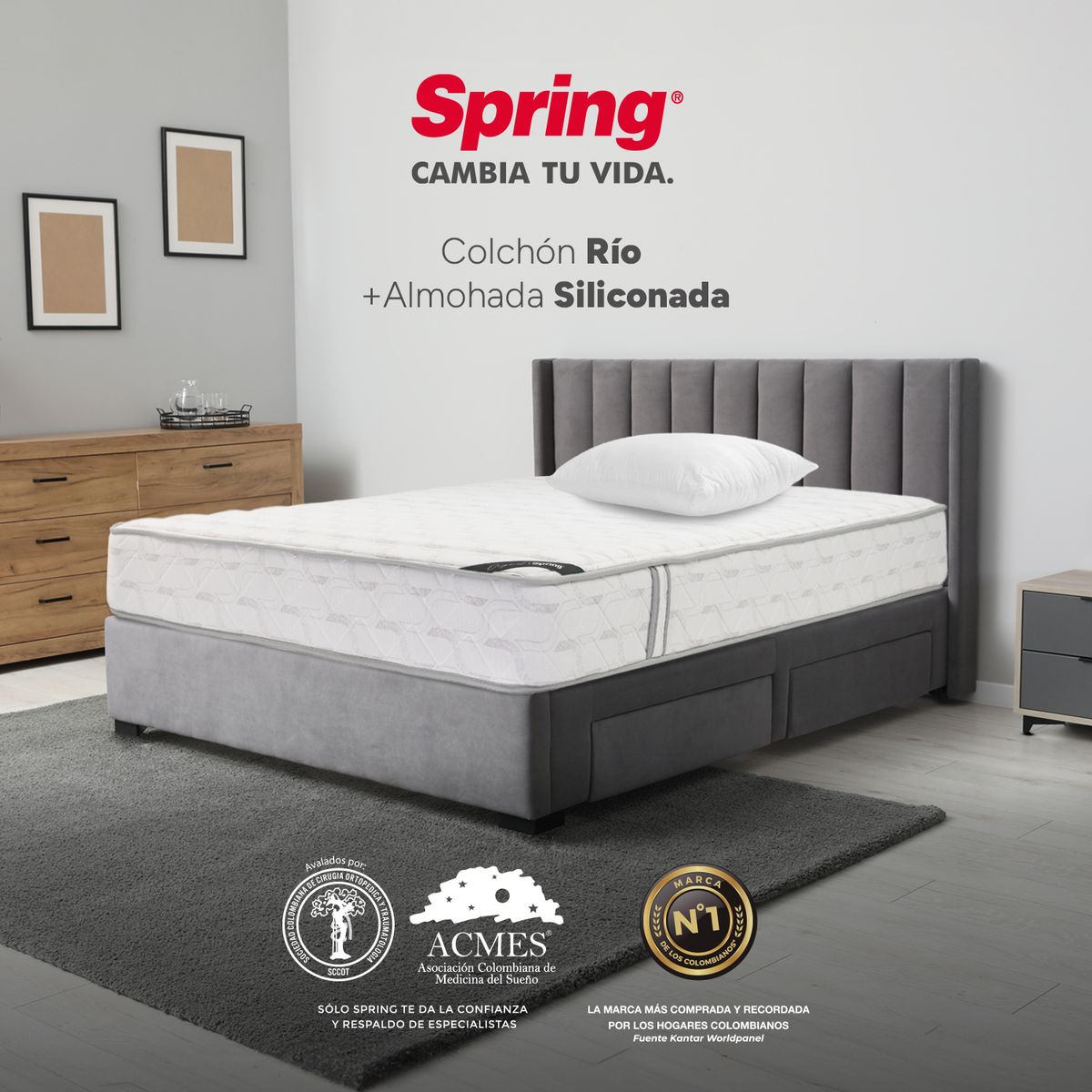 COLCHONES SPRING - Colchón Spring Semidoble Firmeza Media Ortopédico Resortado Rio 120 x 190 cm + Almohada