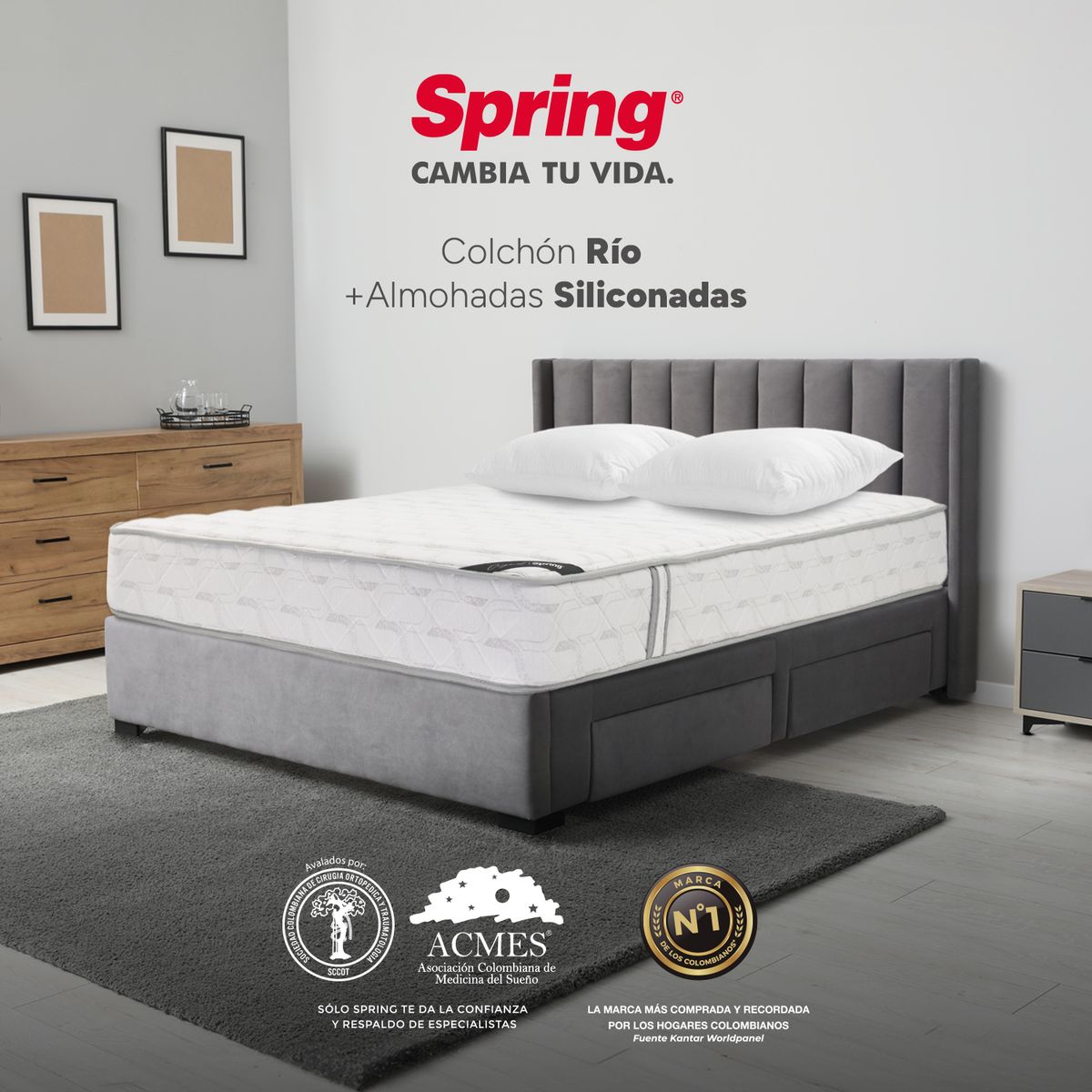 COLCHONES SPRING - Colchón Spring Doble Firmeza Media Ortopédico Resortado Rio 140 x 190 cm + 2 Almohadas