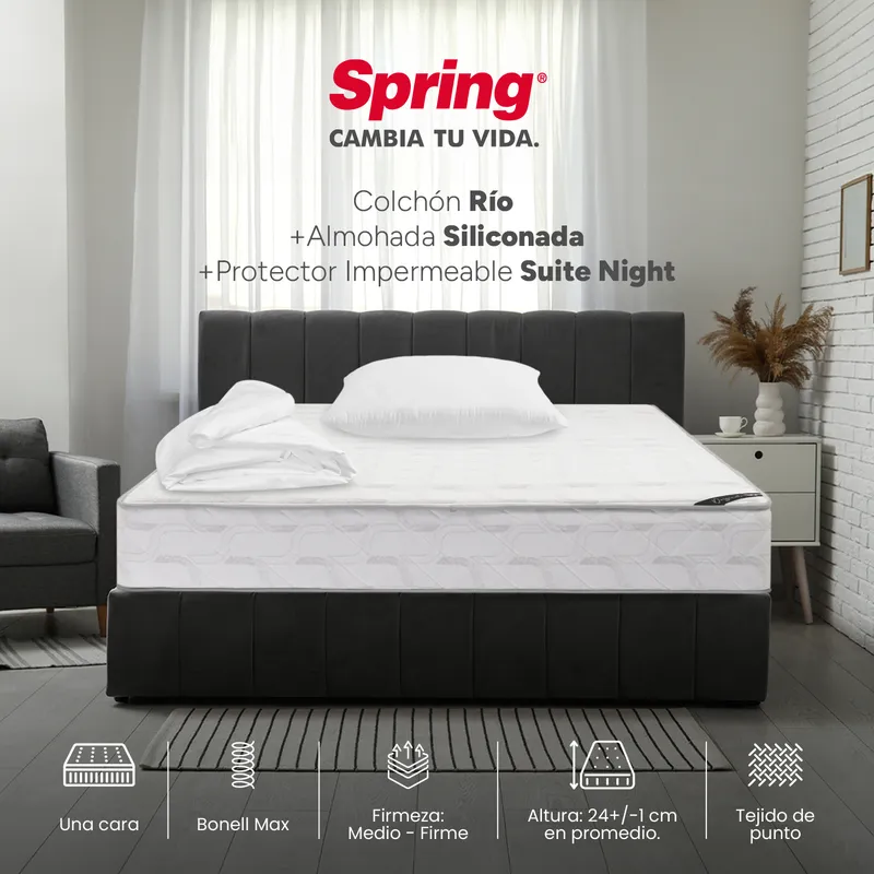 COLCHONES SPRING - Colchón Spring Semidoble Firmeza Media Ortopédico Resortado Rio 120 x 190 cm + Almohada + Protector