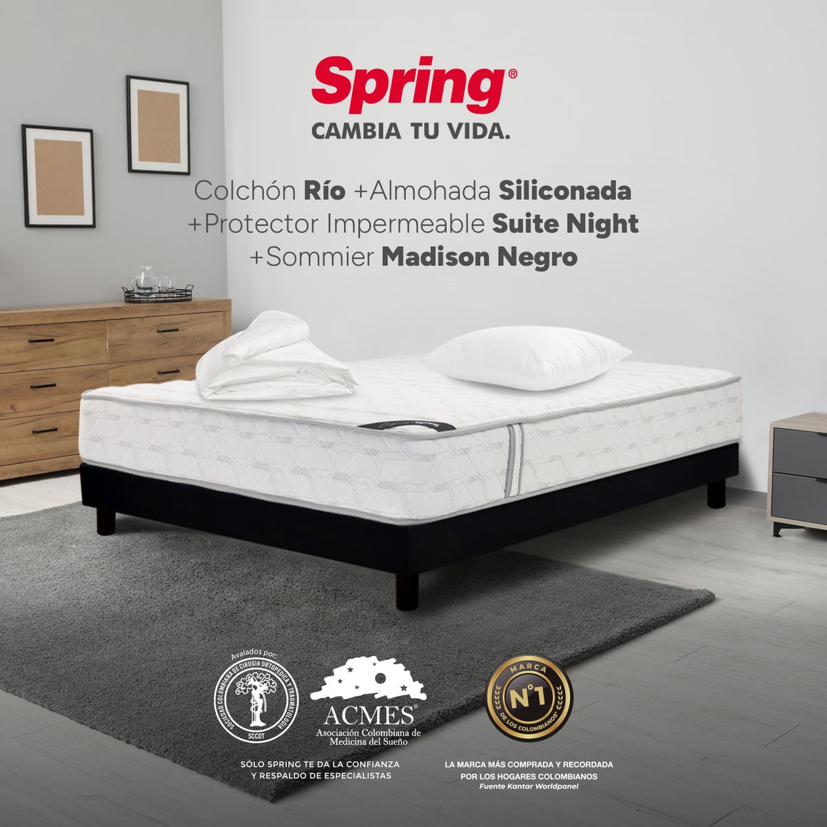 COLCHONES SPRING - Colchón Spring Sencillo Con Base Cama Firmeza Media Ortopédico Resortado Rio 100 x 190 cm + Almohada + Protector