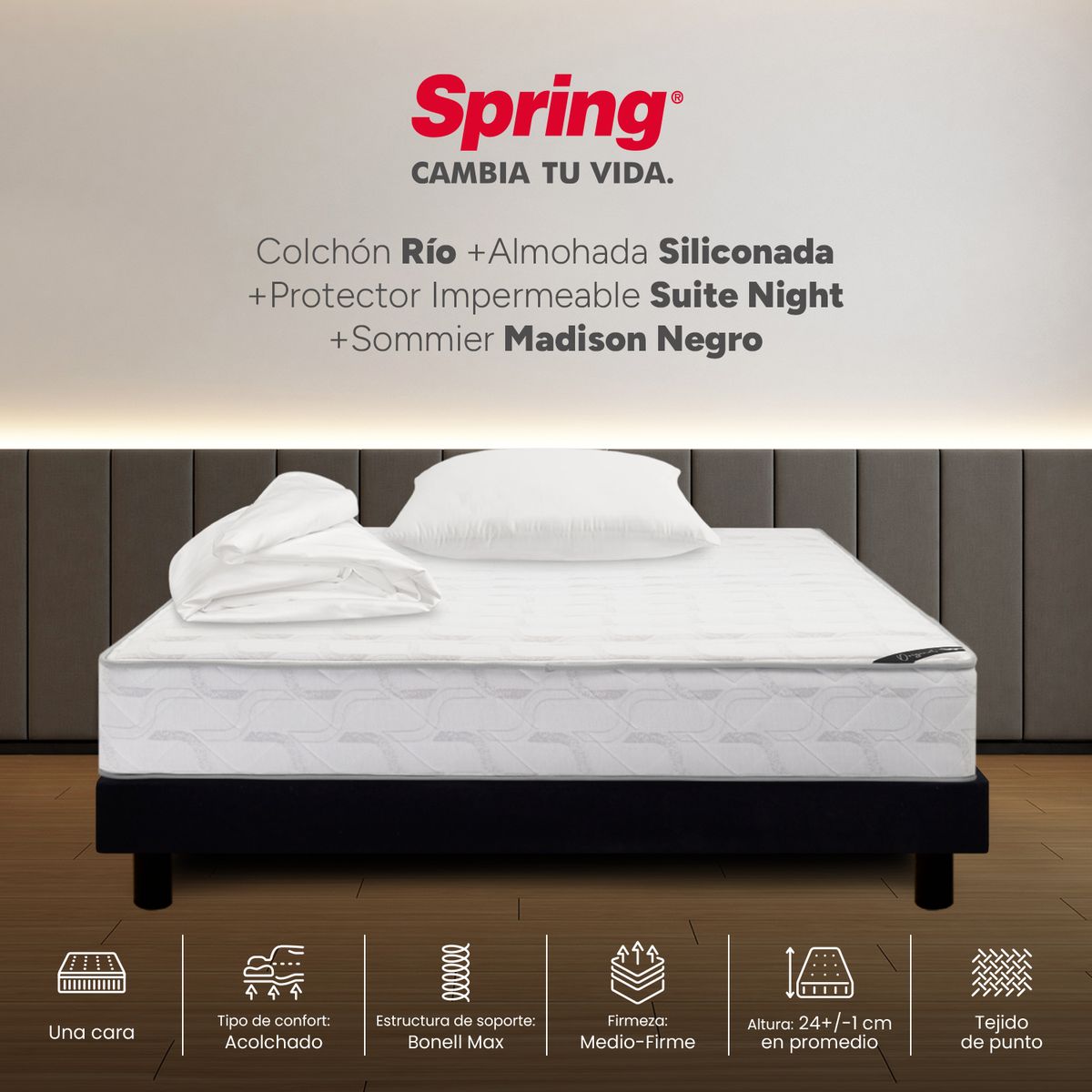 COLCHONES SPRING - Colchón Spring Semidoble Con Base Cama Firmeza Media Ortopédico Resortado Rio 120 x 190 cm + Almohada + Protector