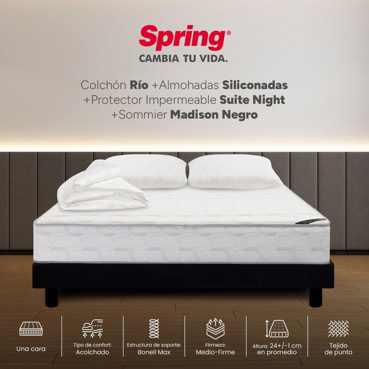 COLCHONES SPRING - Colchón Spring Doble Con Base Cama Firmeza Media Ortopédico Resortado Rio 140 x 190 cm + 2 Almohadas + Protector