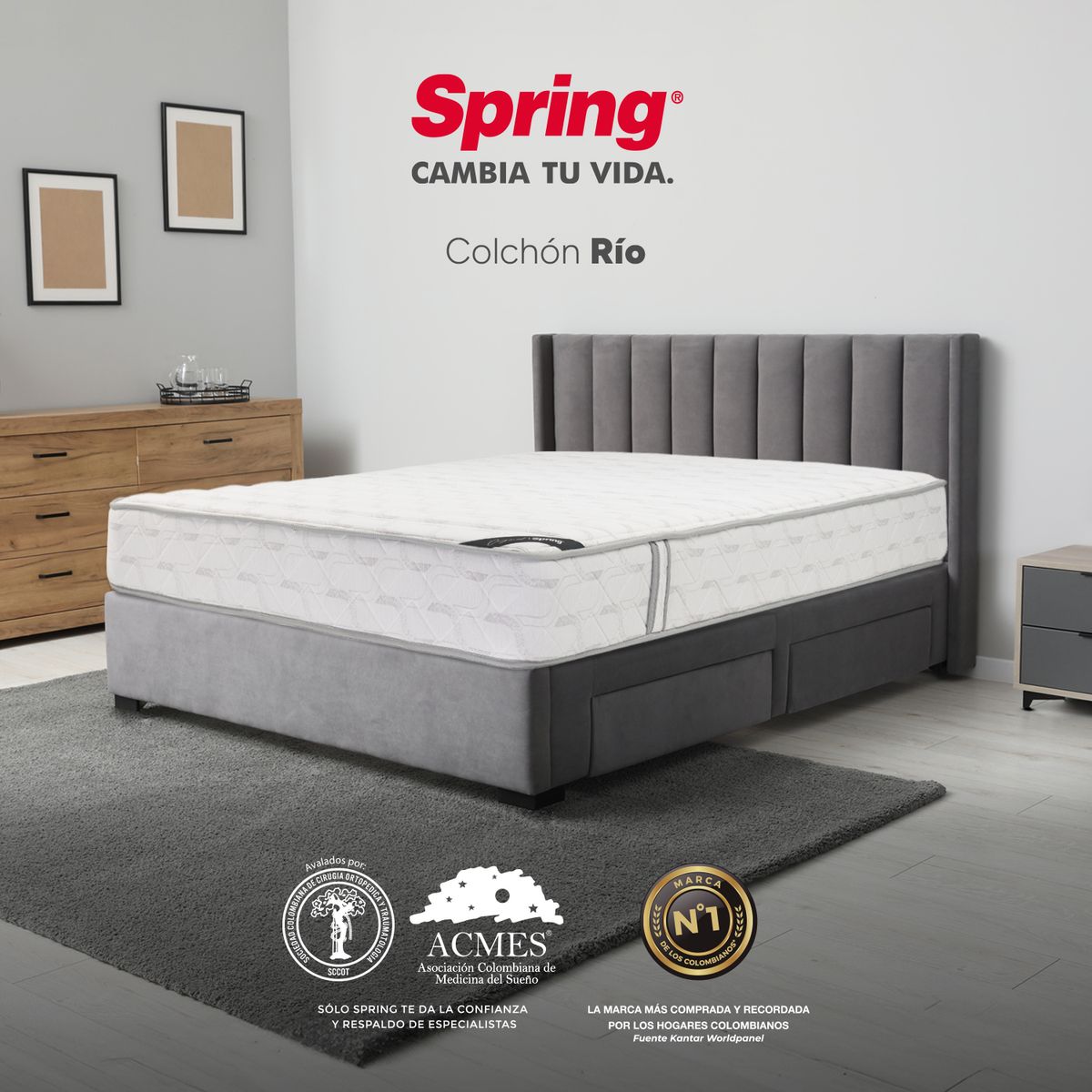 COLCHONES SPRING - Colchón Spring Sencillo Firmeza Media Ortopédico Resortado Rio 100 x 190 cm