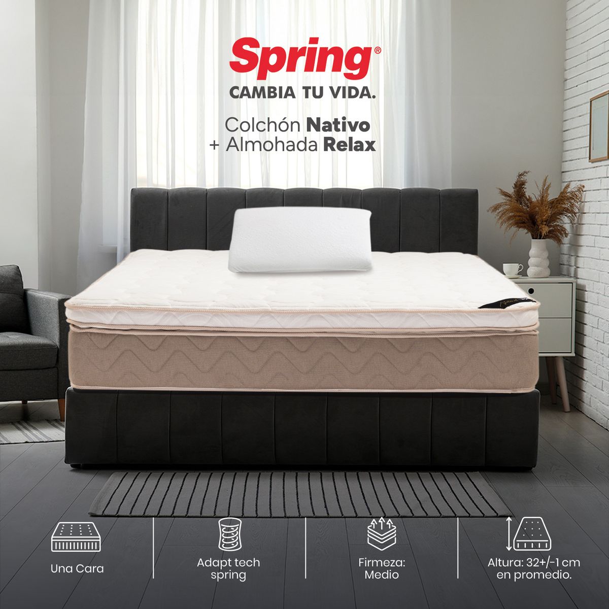 COLCHONES SPRING - Colchón Spring Sencillo Firmeza Suave Ortopédico Resortado Nativo 100 x 190 cm + Almohada