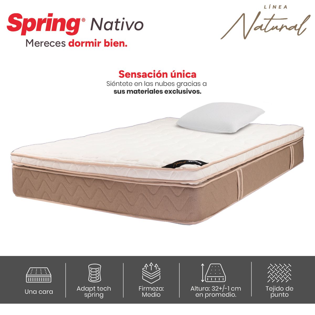 COLCHONES SPRING - Colchón Spring Sencillo Firmeza Suave Ortopédico Resortado Nativo 100 x 190 cm + Almohada