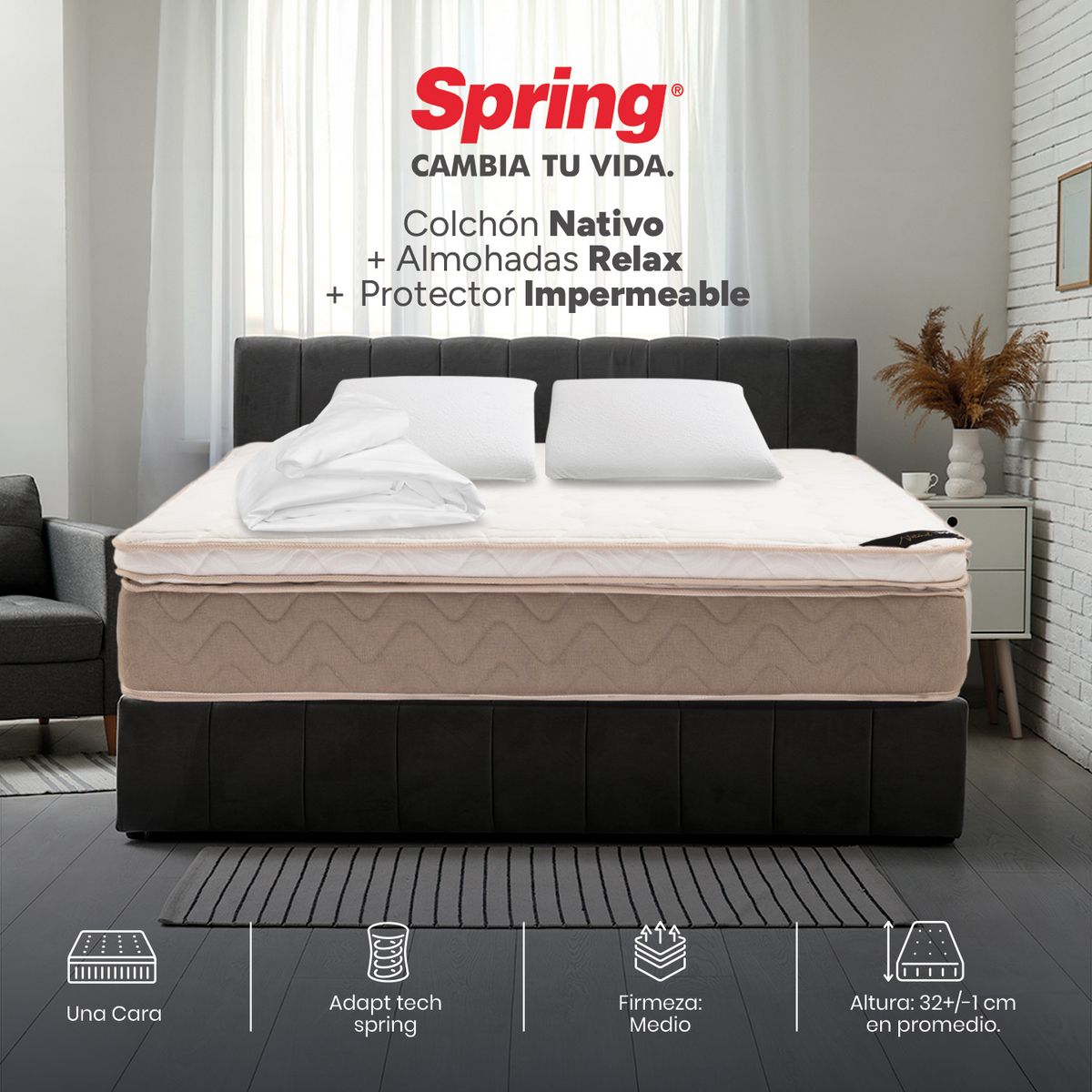 COLCHONES SPRING - Colchón Spring Doble Firmeza Suave Ortopédico Resortado Nativo 140 x 190 cm + 2 Almohadas + Protector