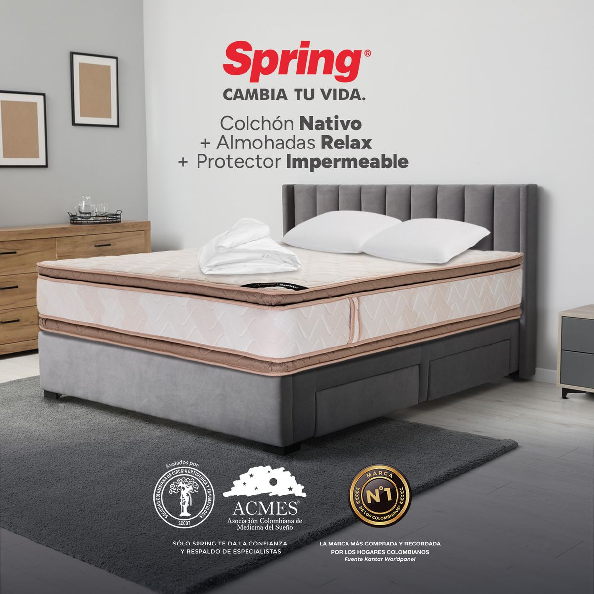 COLCHONES SPRING - Colchón Spring Queen Firmeza Suave Ortopédico Resortado Nativo 160 x 190 cm + 2 Almohadas + Protector