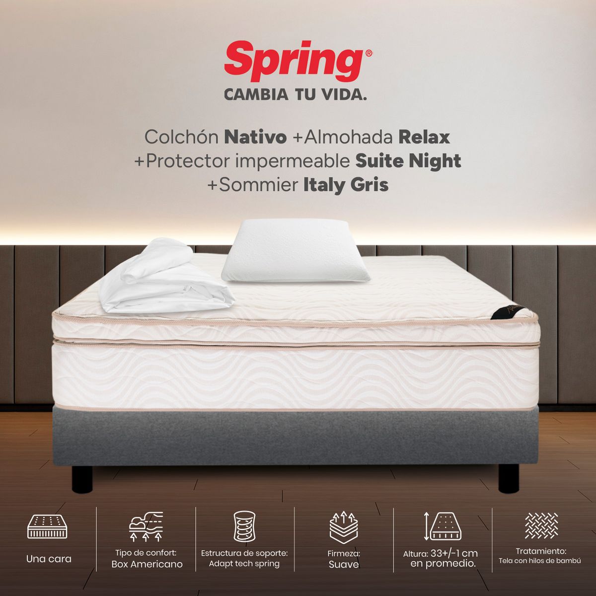 COLCHONES SPRING - Colchón Spring Semidoble Con Base Cama Firmeza Suave Ortopédico Resortado Nativo 120 x 190 cm + Almohada + Protector