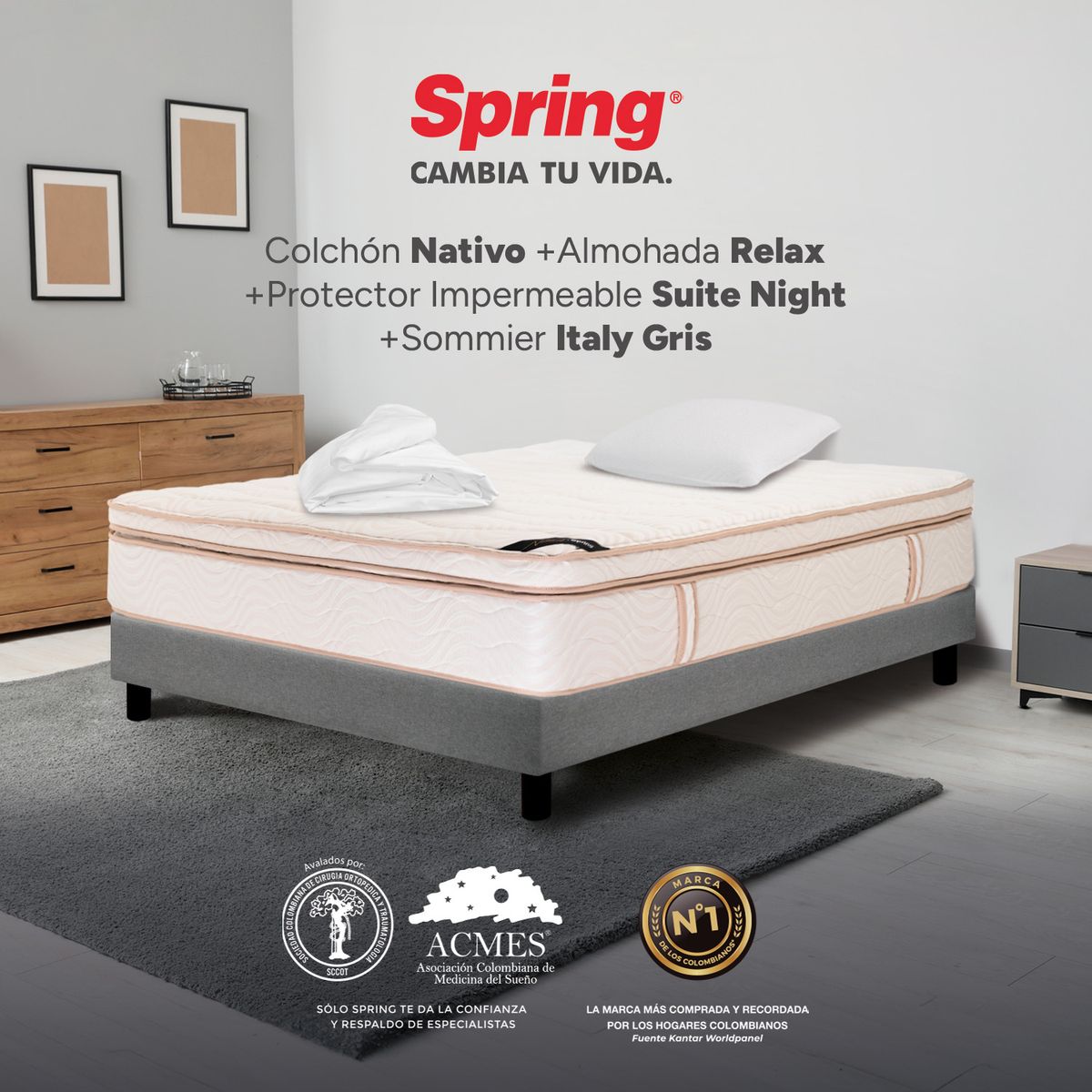 COLCHONES SPRING - Colchón Spring Semidoble Con Base Cama Firmeza Suave Ortopédico Resortado Nativo 120 x 190 cm + Almohada + Protector