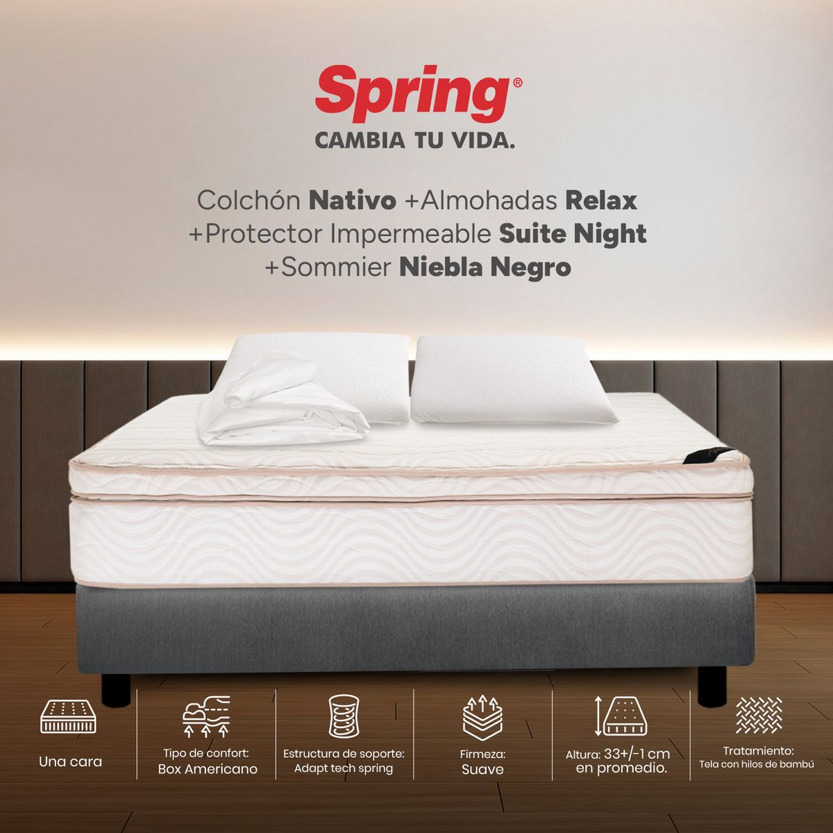 COLCHONES SPRING - Colchón Spring Doble Con Base Cama Firmeza Suave Ortopédico Resortado Nativo 140 x 190 cm + 2 Almohadas + Protector