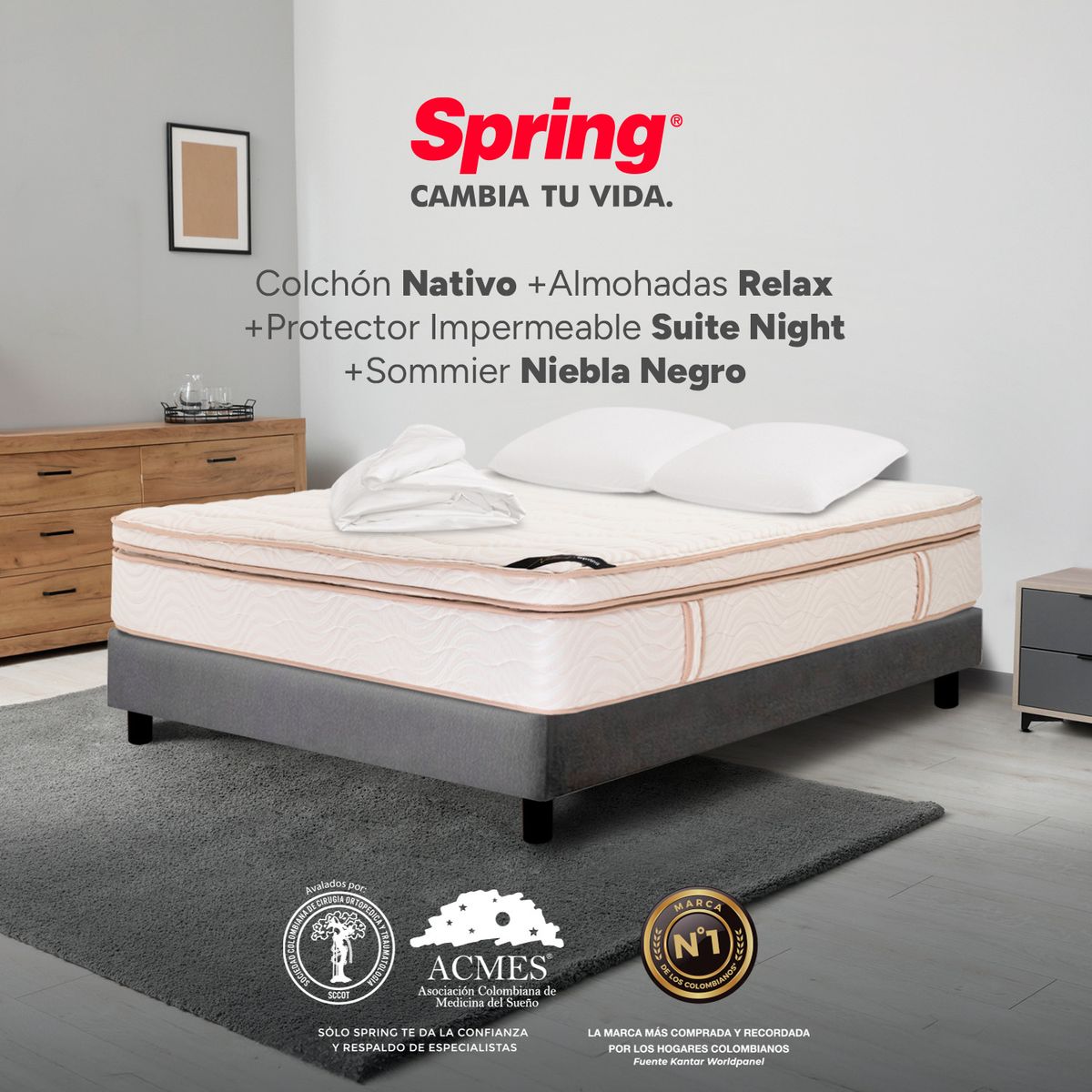 COLCHONES SPRING - Colchón Spring Doble Con Base Cama Firmeza Suave Ortopédico Resortado Nativo 140 x 190 cm + 2 Almohadas + Protector