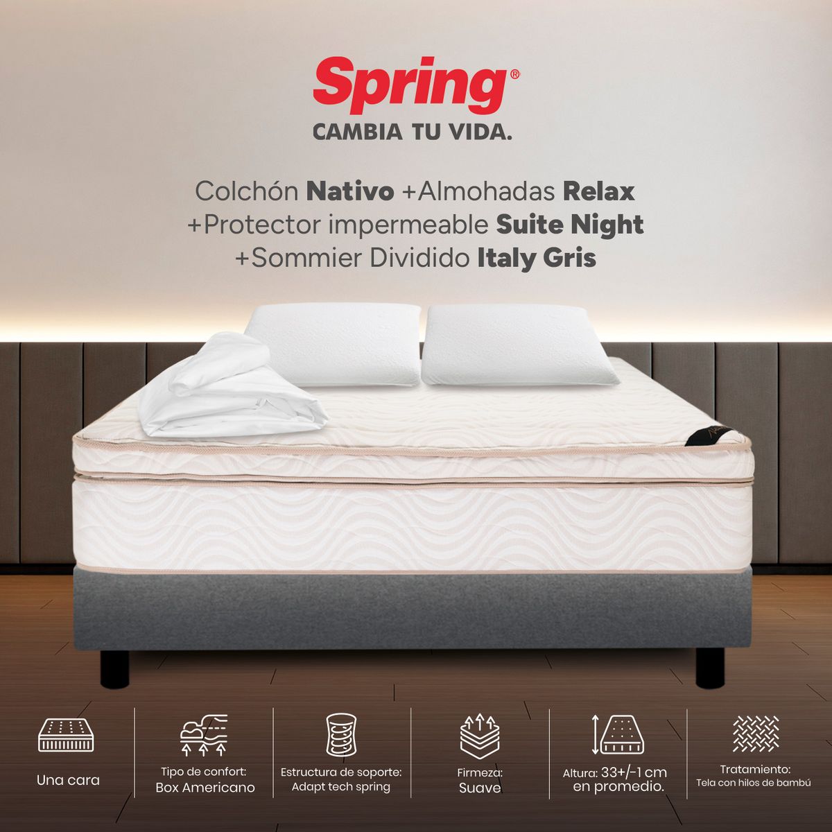 COLCHONES SPRING - Colchón Spring King Con Base Cama Firmeza Suave Ortopédico Resortado Nativo 200 x 200 cm + 2 Almohadas + Protector