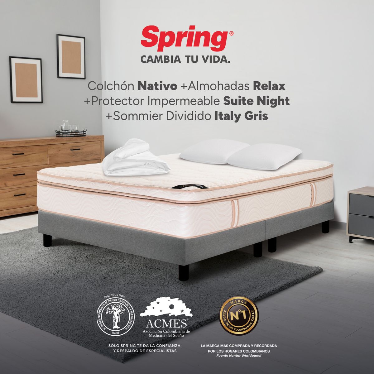 COLCHONES SPRING - Colchón Spring King Con Base Cama Firmeza Suave Ortopédico Resortado Nativo 200 x 200 cm + 2 Almohadas + Protector