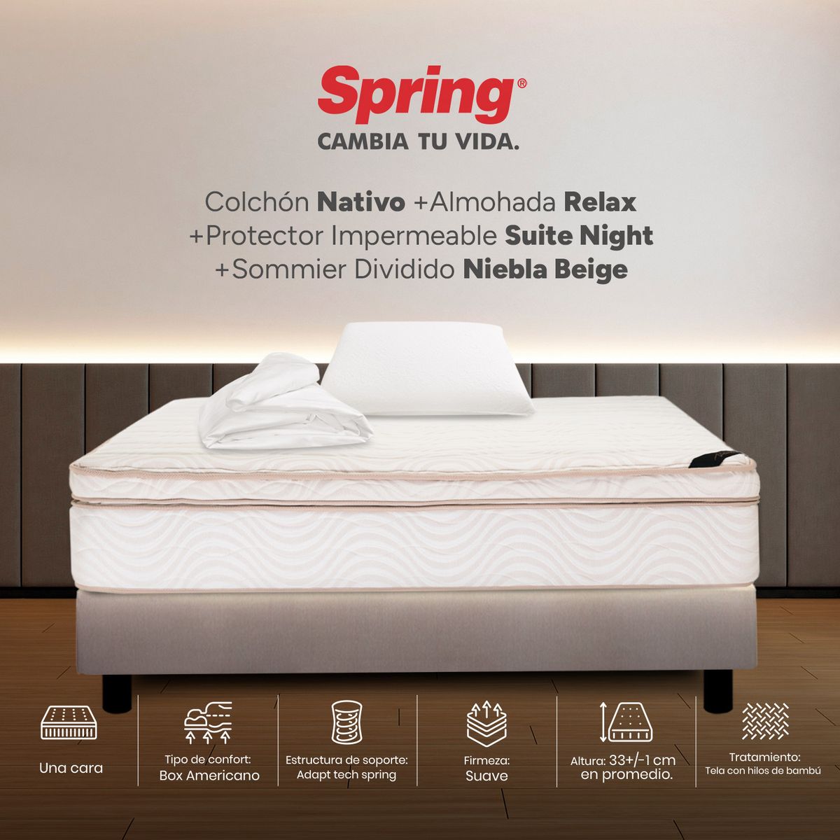 COLCHONES SPRING - Colchón Spring Semidoble Con Base Cama Firmeza Suave Ortopédico Resortado Nativo 120 x 190 cm + Almohada + Protector