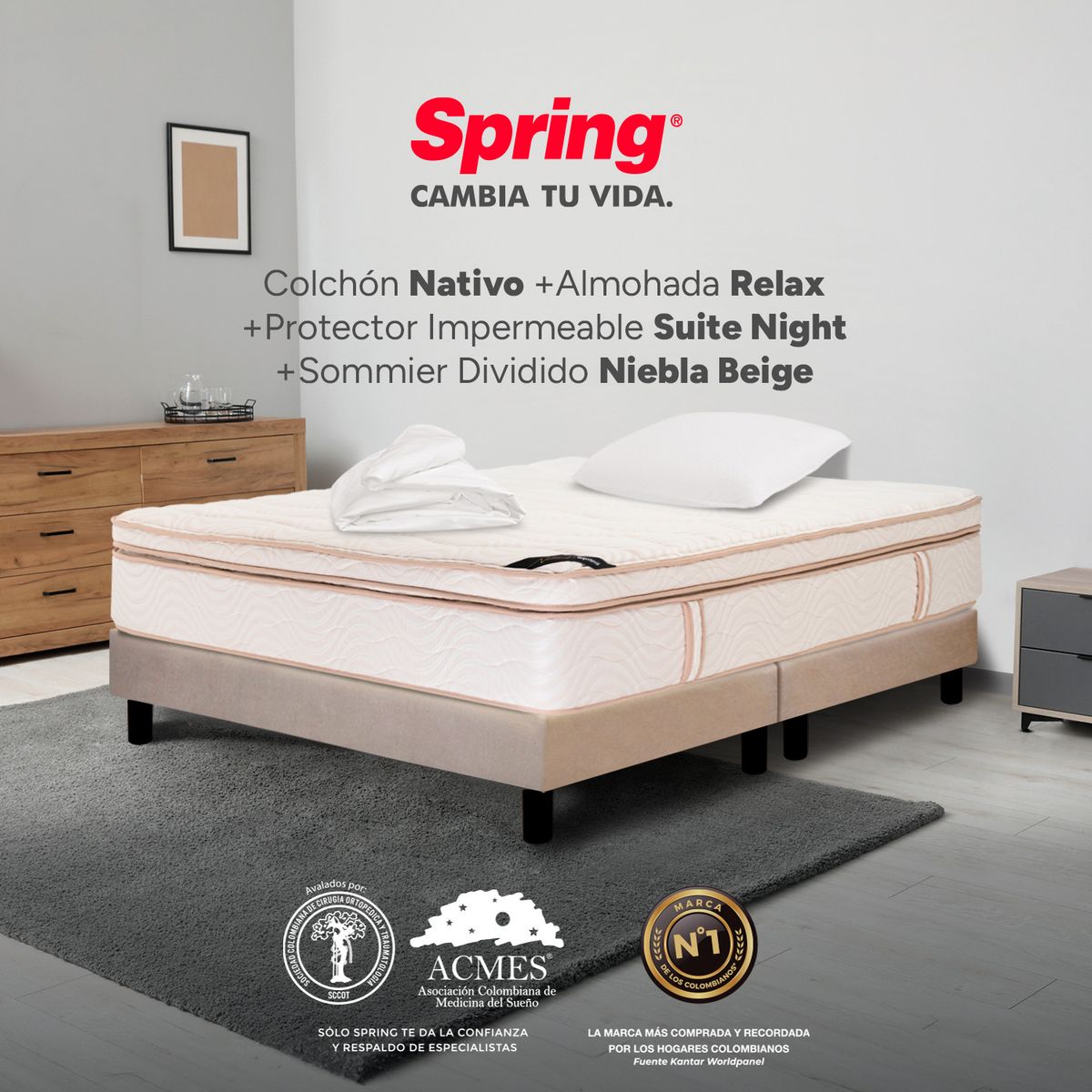 COLCHONES SPRING - Colchón Spring Semidoble Con Base Cama Firmeza Suave Ortopédico Resortado Nativo 120 x 190 cm + Almohada + Protector