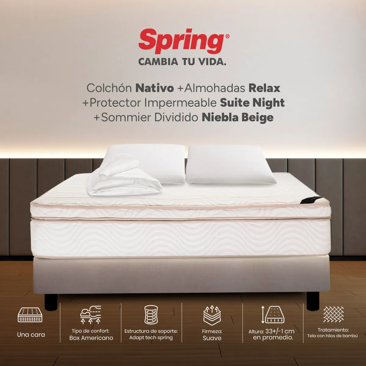 COLCHONES SPRING - Colchón Spring Doble Con Base Cama Firmeza Suave Ortopédico Resortado Nativo 140 x 190 cm + 2 Almohadas + Protector