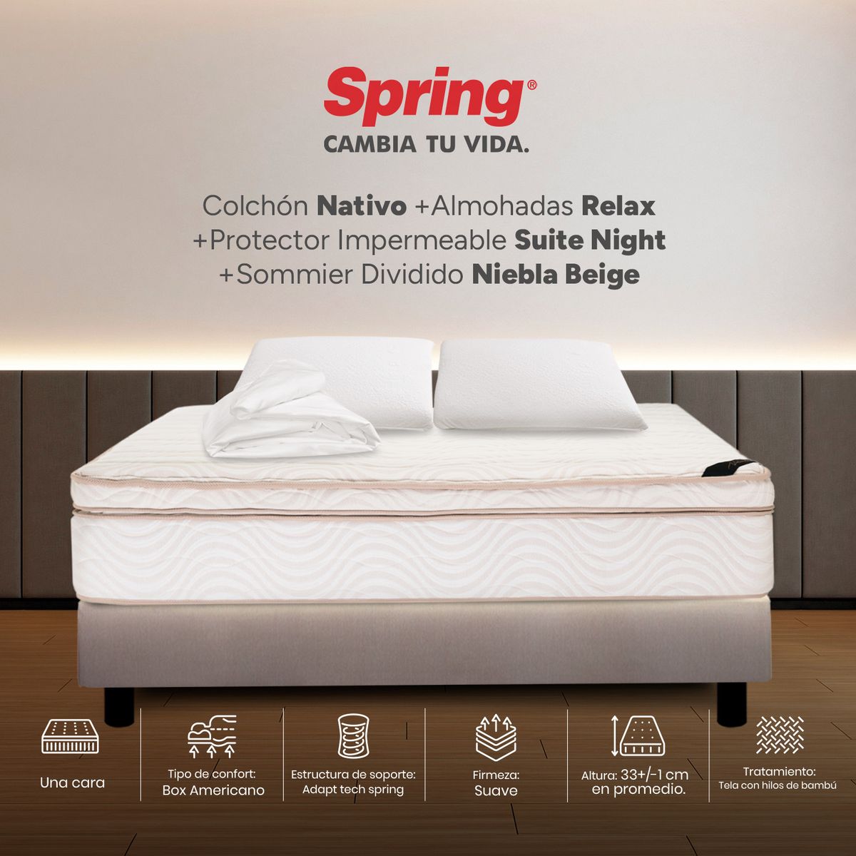 COLCHONES SPRING - Colchón Spring Doble Con Base Cama Firmeza Suave Ortopédico Resortado Nativo 140 x 190 cm + 2 Almohadas + Protector