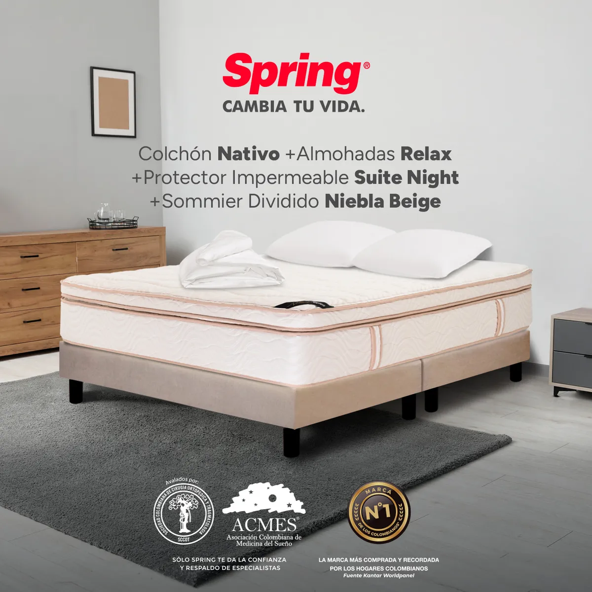 COLCHONES SPRING - Colchón Spring Doble Con Base Cama Firmeza Suave Ortopédico Resortado Nativo 140 x 190 cm + 2 Almohadas + Protector