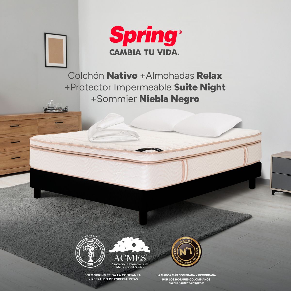 COLCHONES SPRING - Colchón Spring Doble Con Base Cama Firmeza Suave Ortopédico Resortado Nativo 140 x 190 cm + 2 Almohadas + Protector
