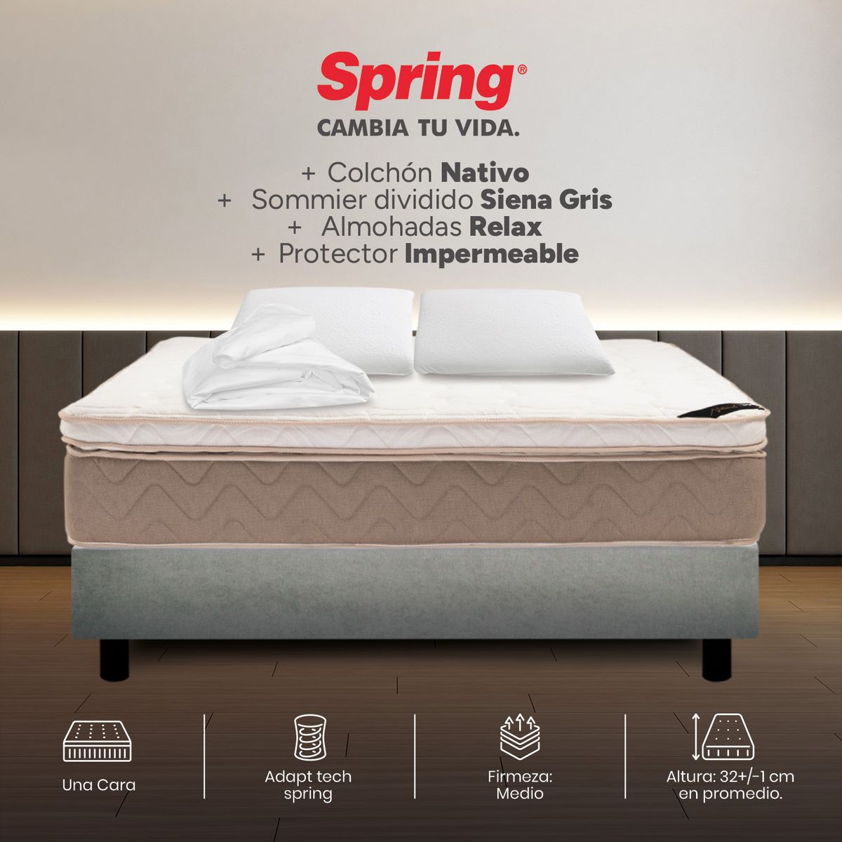 COLCHONES SPRING - Colchón Spring Doble Con Base Cama Firmeza Suave Ortopédico Resortado Nativo 140 x 190 cm + 2 Almohadas + Protector