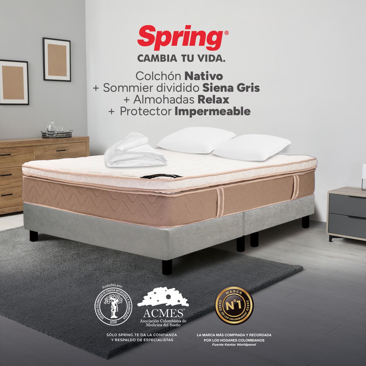 COLCHONES SPRING - Colchón Spring Doble Con Base Cama Firmeza Suave Ortopédico Resortado Nativo 140 x 190 cm + 2 Almohadas + Protector