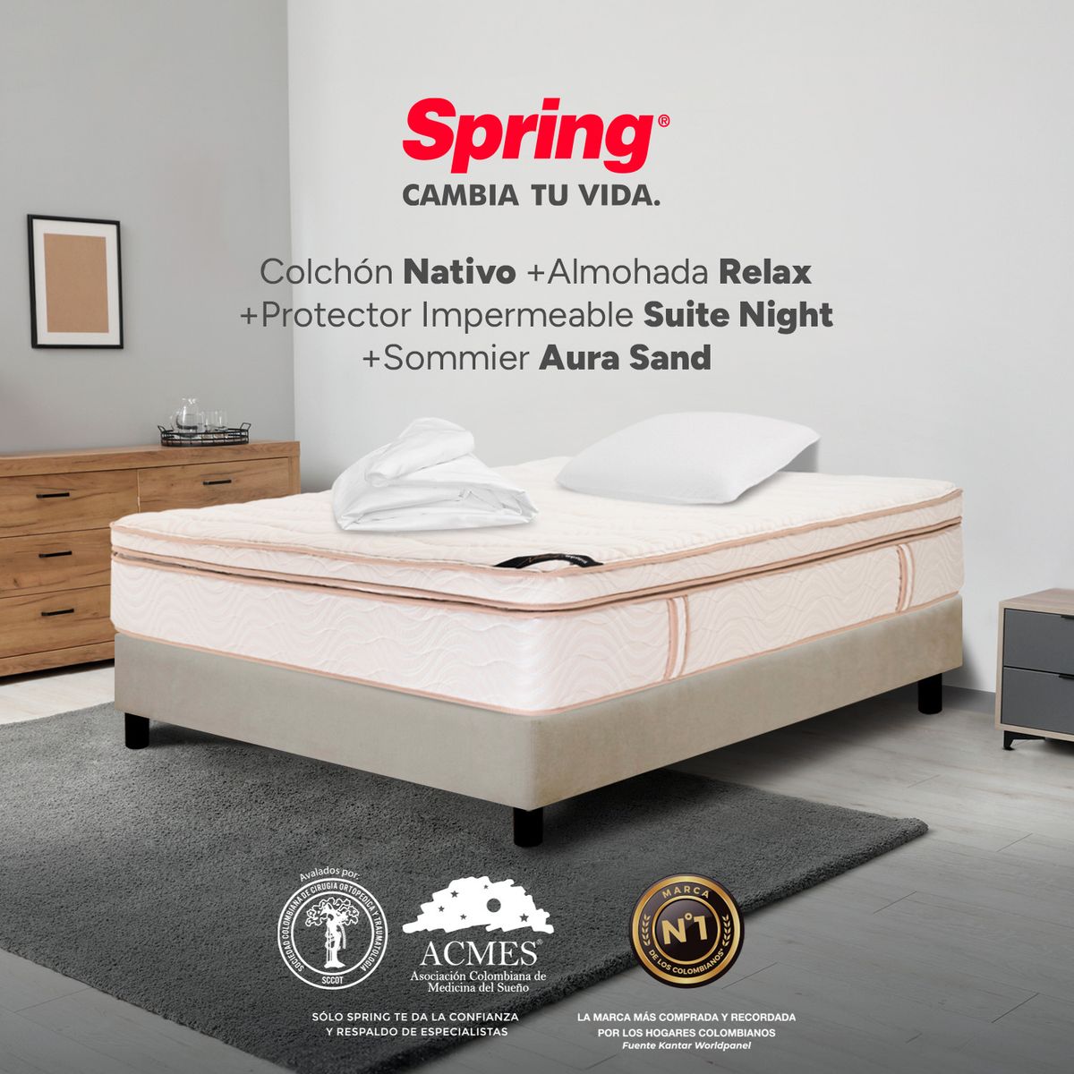 COLCHONES SPRING - Colchón Spring Semidoble Con Base Cama Firmeza Suave Ortopédico Resortado Nativo 120 x 190 cm + Almohada + Protector
