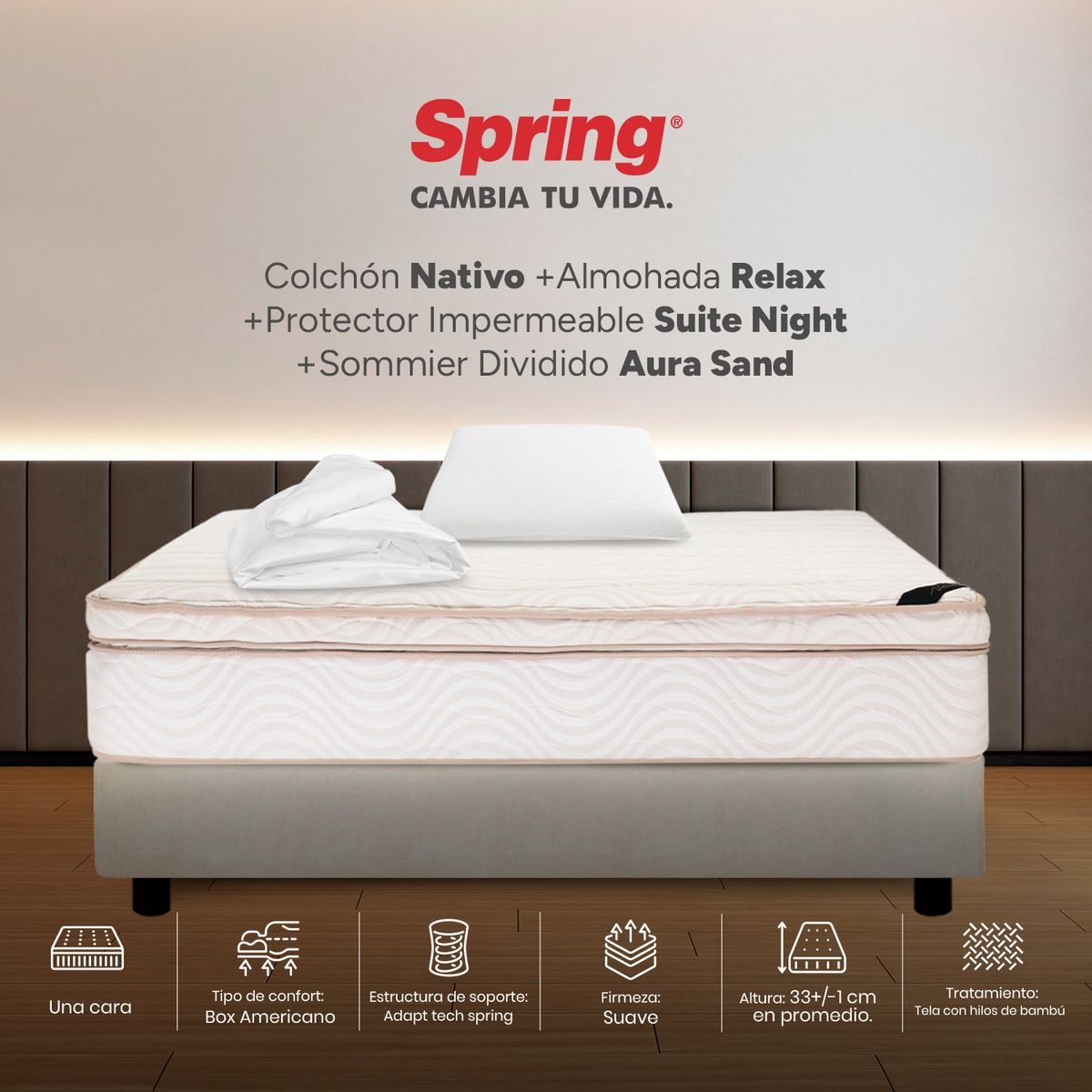 COLCHONES SPRING - Colchón Spring Semidoble Con Base Cama Firmeza Suave Ortopédico Resortado Nativo 120 x 190 cm + Almohada + Protector
