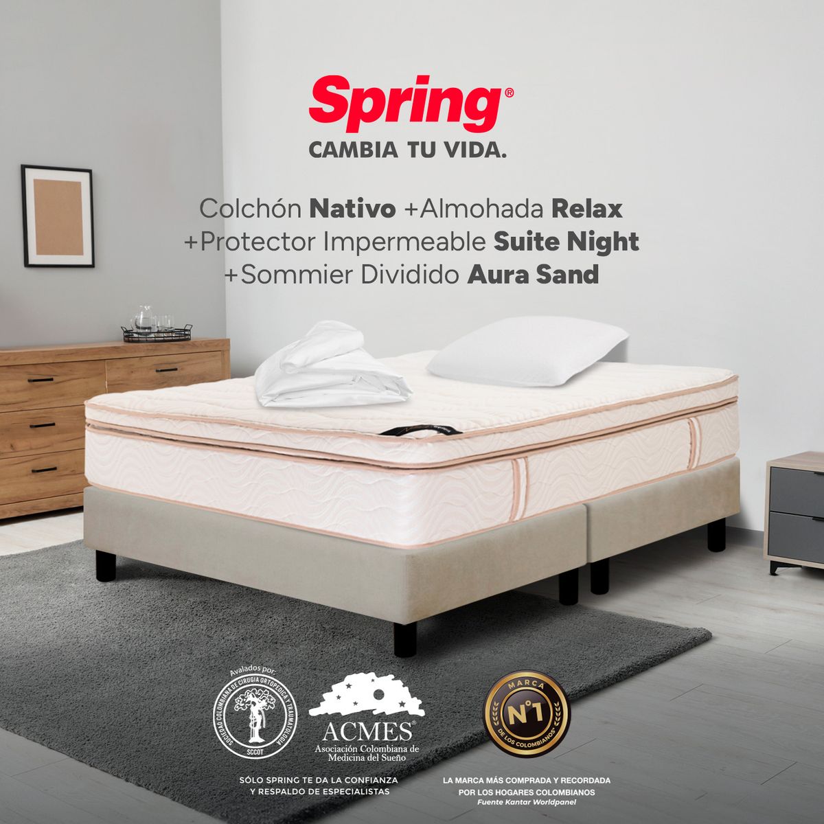 COLCHONES SPRING - Colchón Spring Semidoble Con Base Cama Firmeza Suave Ortopédico Resortado Nativo 120 x 190 cm + Almohada + Protector