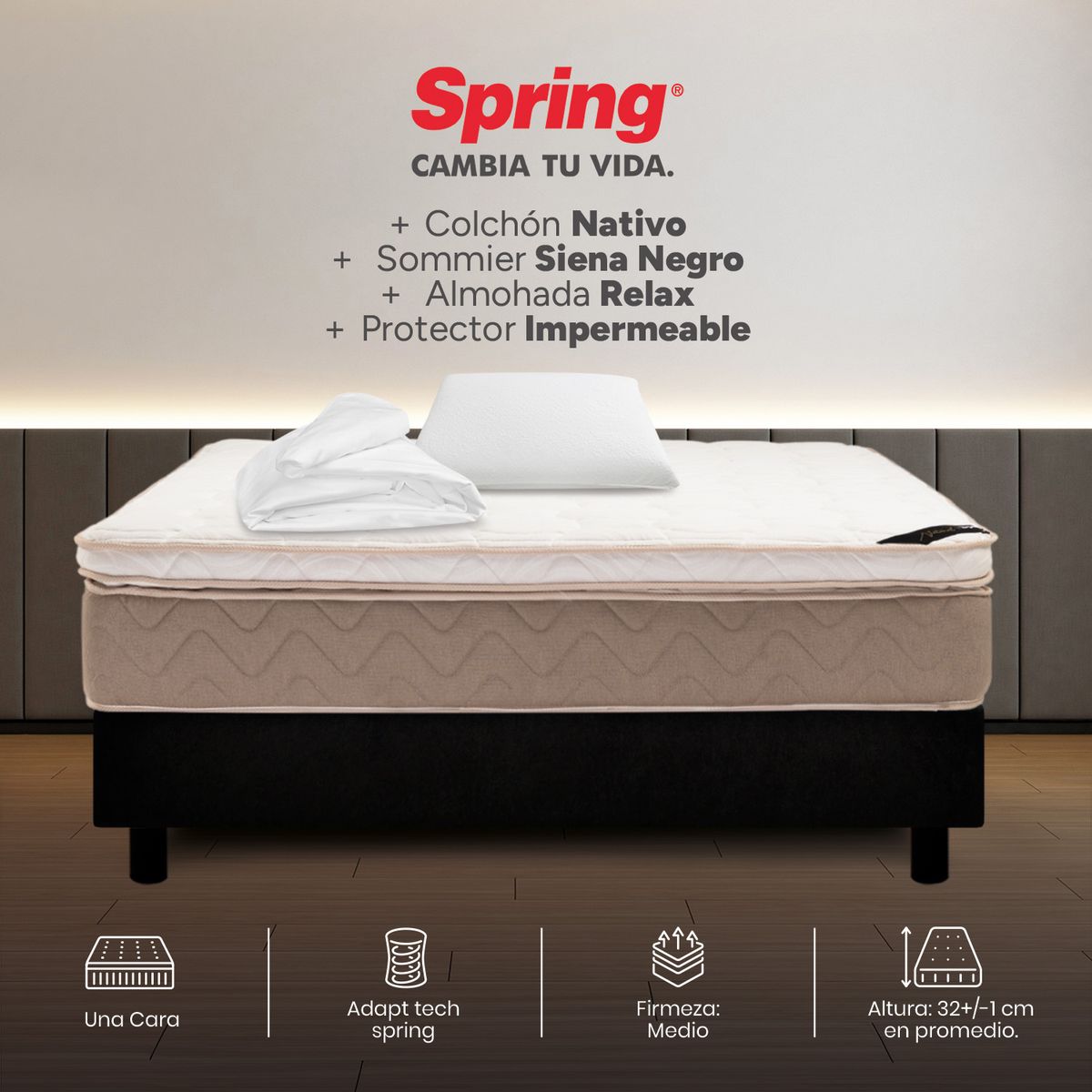 COLCHONES SPRING - Colchón Spring Sencillo Con Base Cama Firmeza Suave Ortopédico Resortado Nativo 100 x 190 cm + Almohada + Protector
