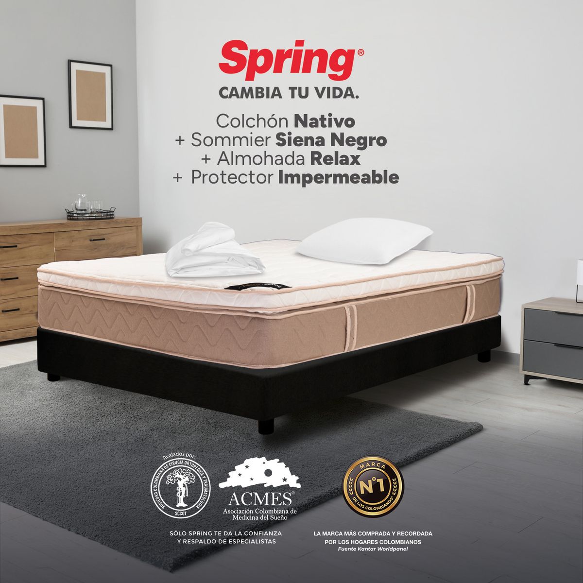 COLCHONES SPRING - Colchón Spring Sencillo Con Base Cama Firmeza Suave Ortopédico Resortado Nativo 100 x 190 cm + Almohada + Protector